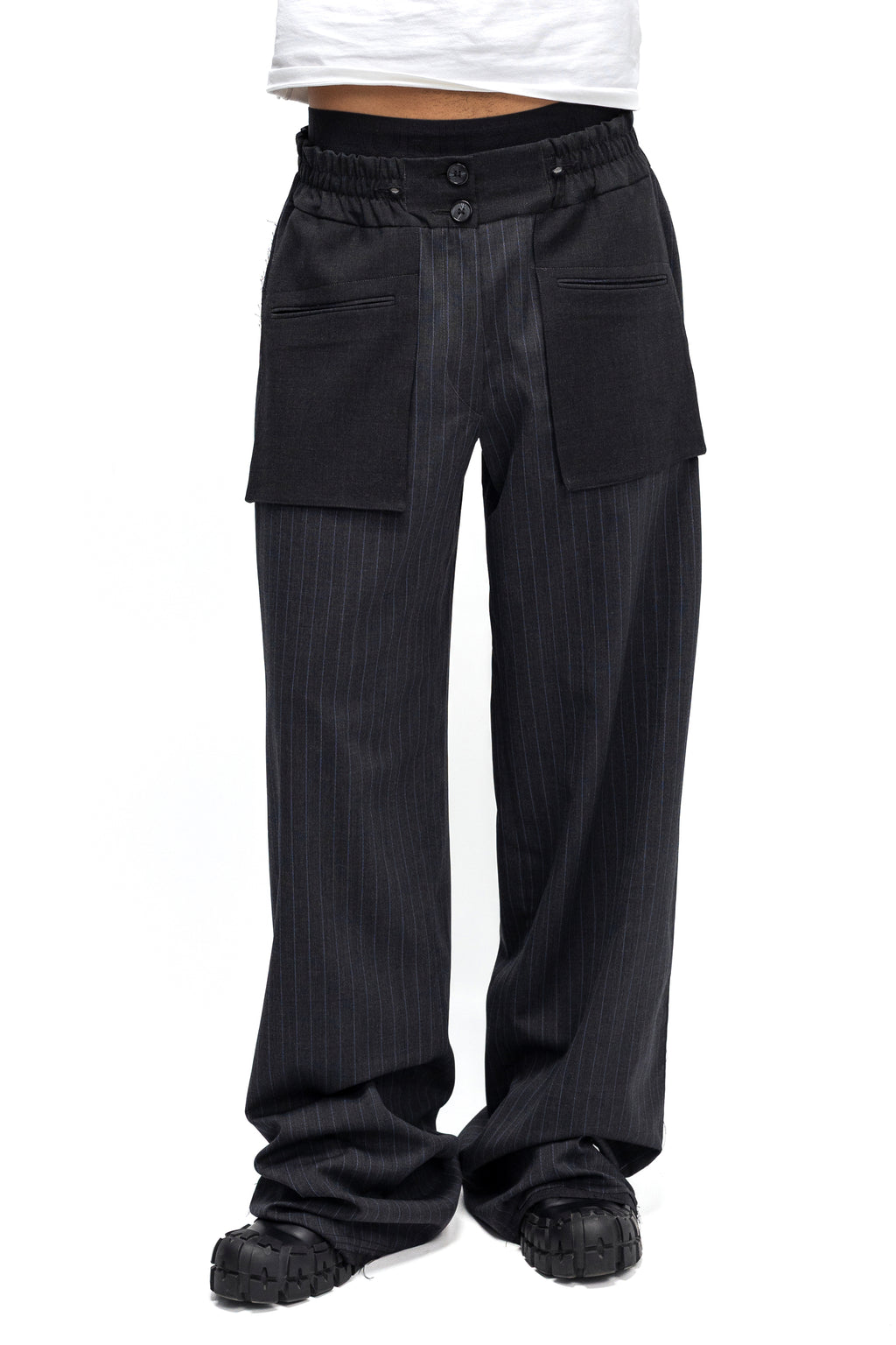 Pantaloni Wide-Leg Cu Dungi Si Buzunare Patch Oversized