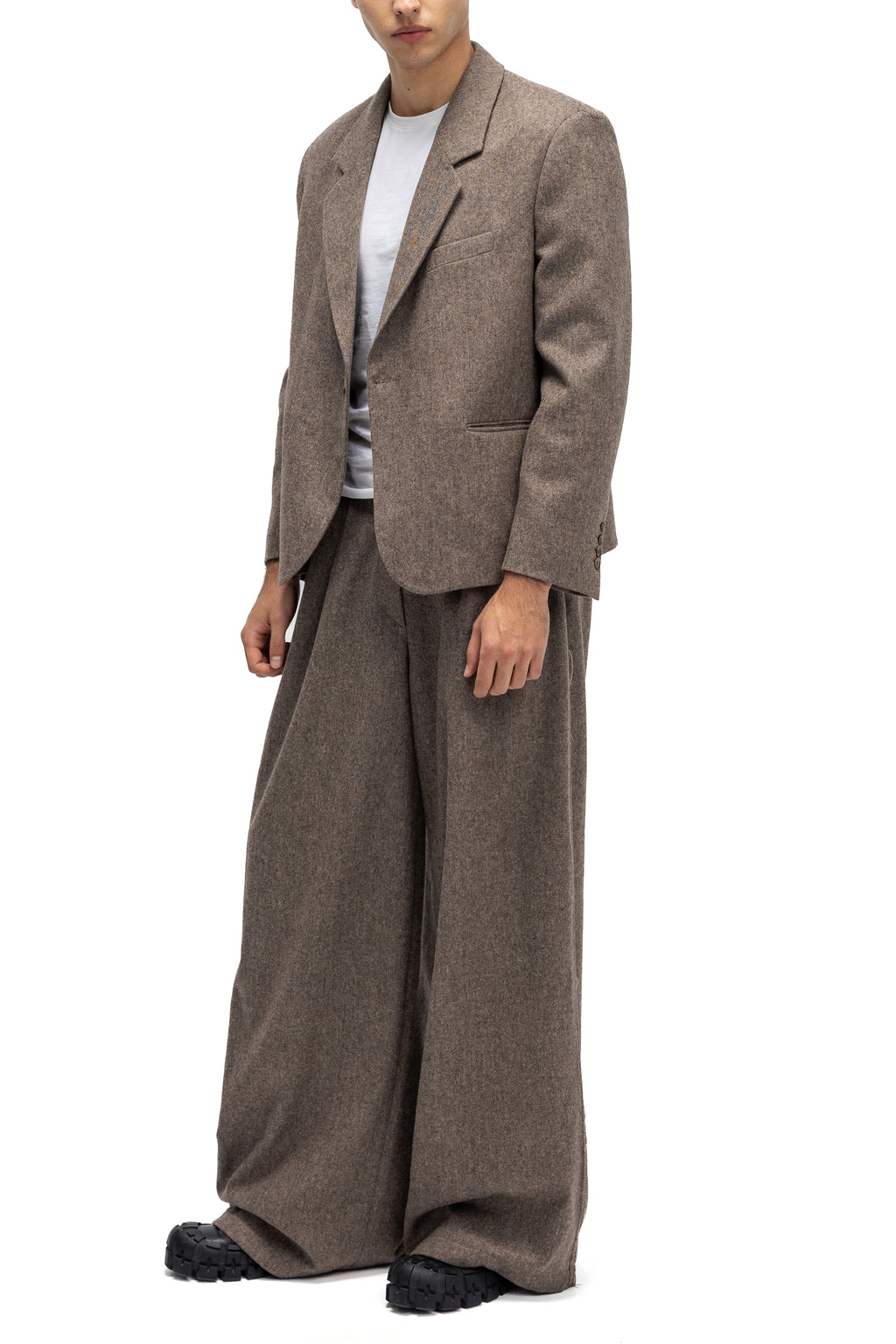 Pantaloni Wide-Leg Gri Taupe din Lana