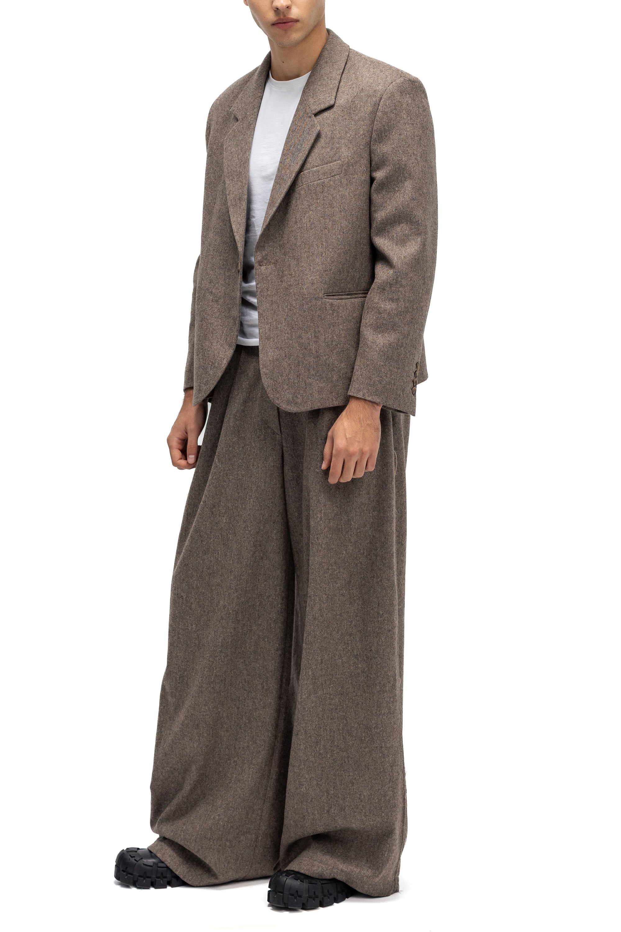 Pantaloni Wide-Leg Gri Taupe din Lana