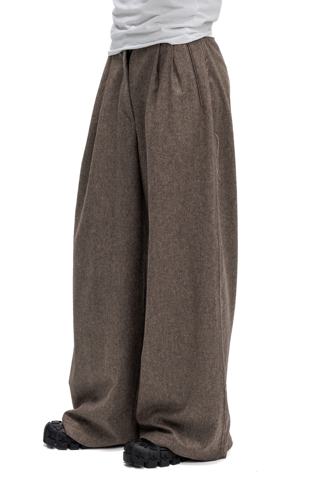 Pantaloni Wide-Leg Gri Taupe din Lana