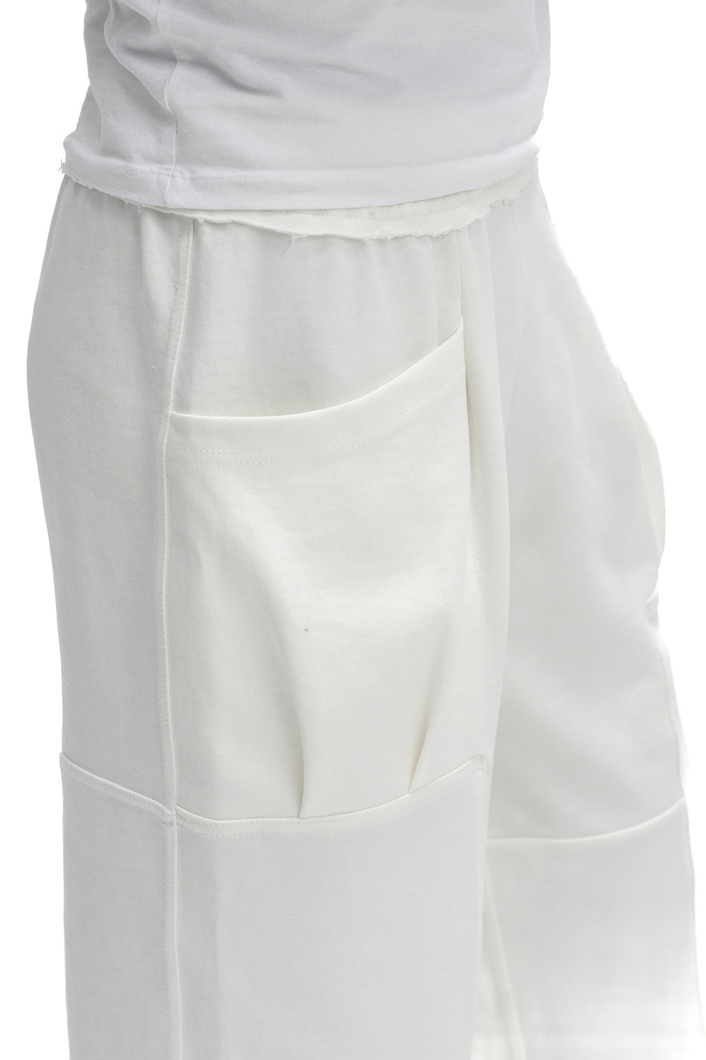 Pantaloni Albi cu Talie Elastica si Buzunare Burduf