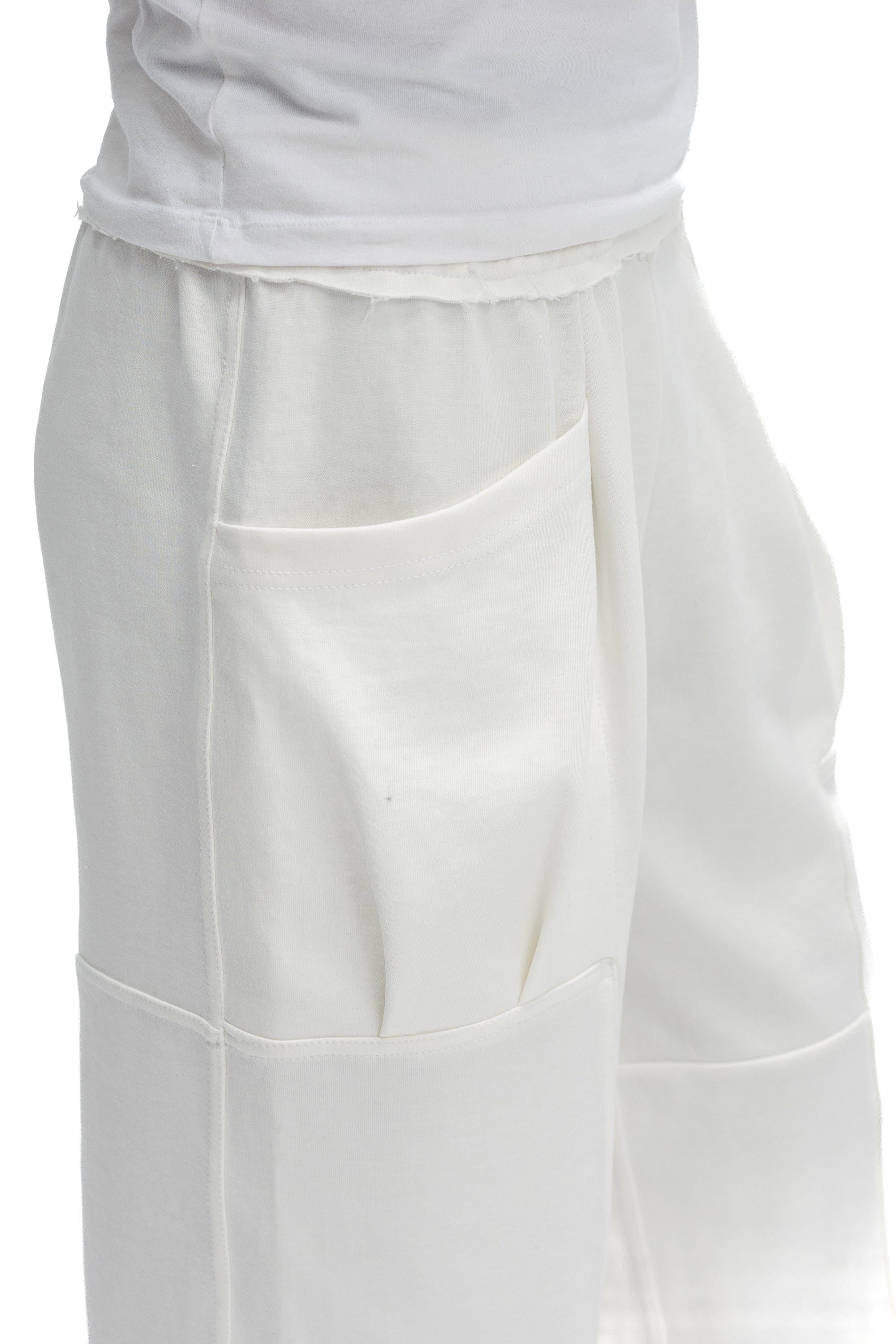 Pantaloni Albi cu Talie Elastica si Buzunare Burduf