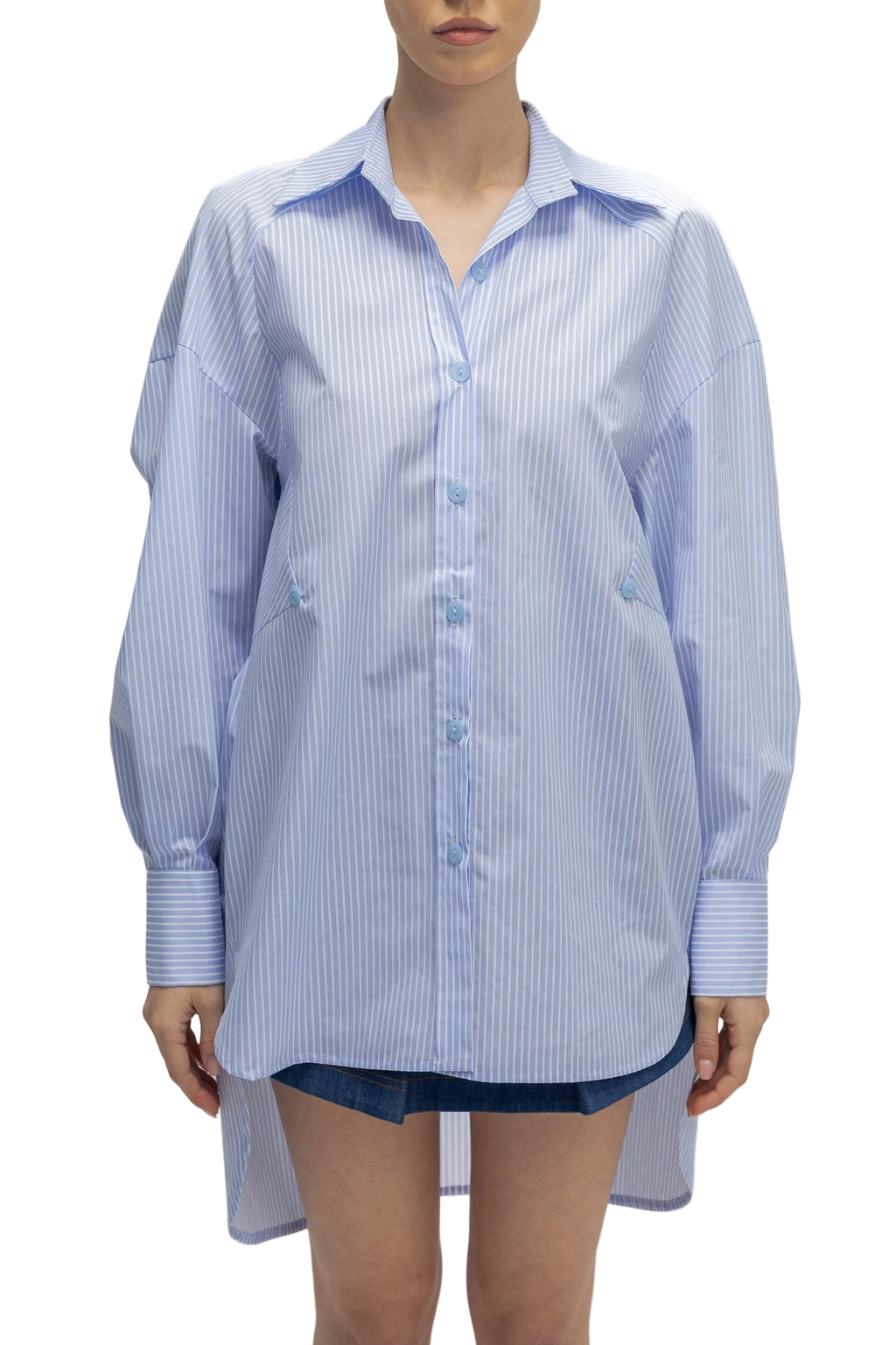 Camasa Albastra Oversized Cu Maneci Ample Si Croiala Lunga