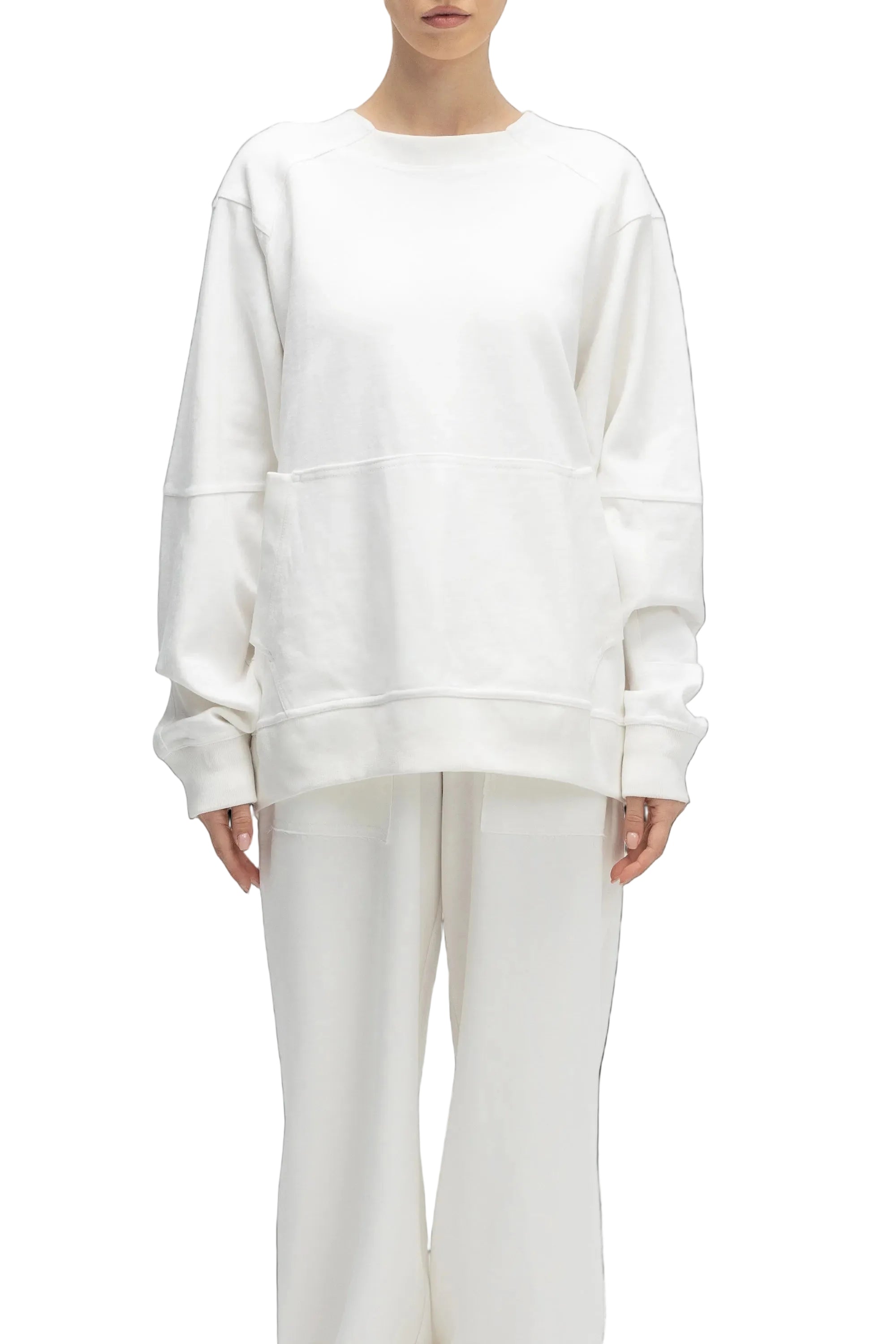 Person wearing a white sweatshirt and pants on a white background