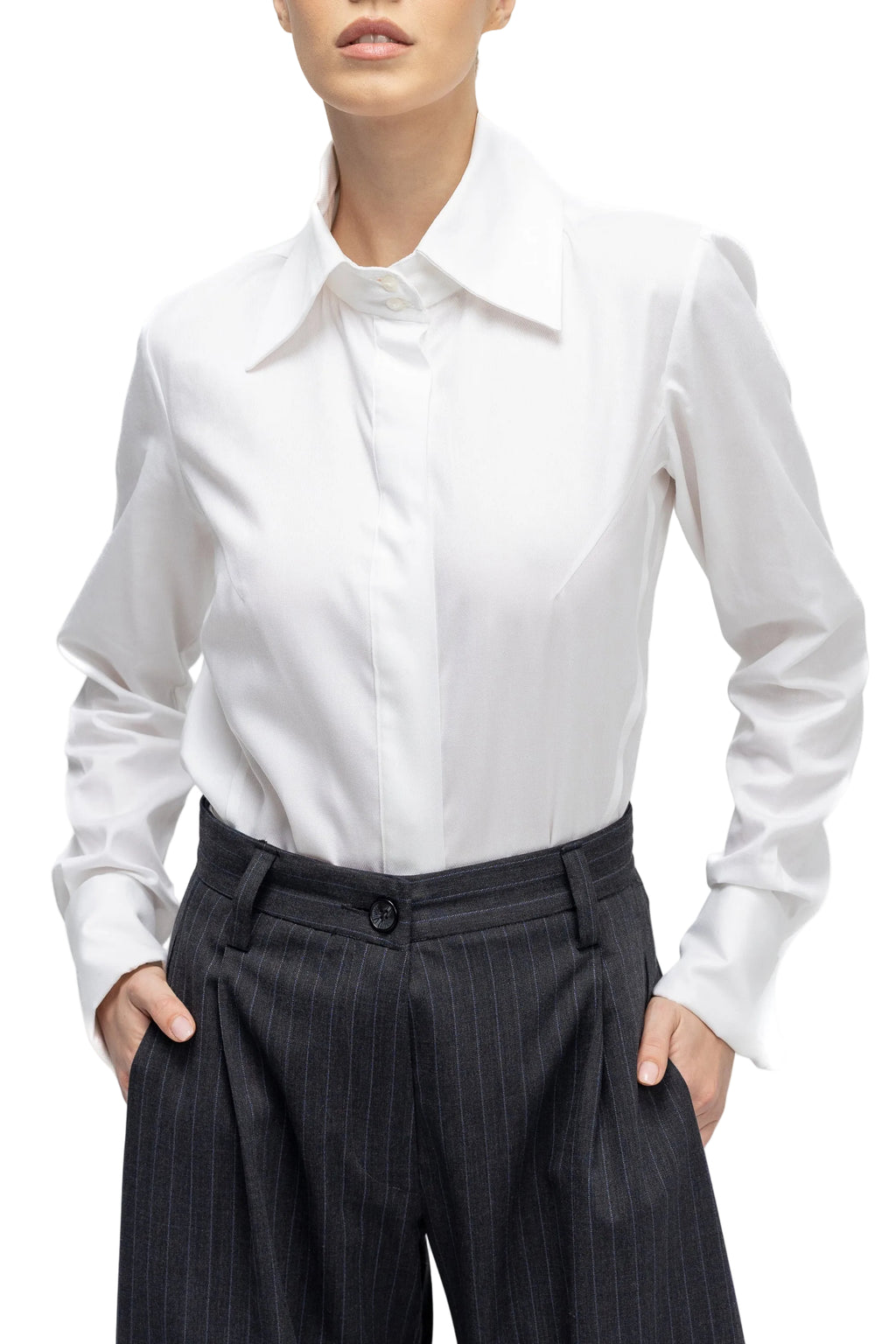 Camasa Alba Cambrata cu Guler Supradimensionat