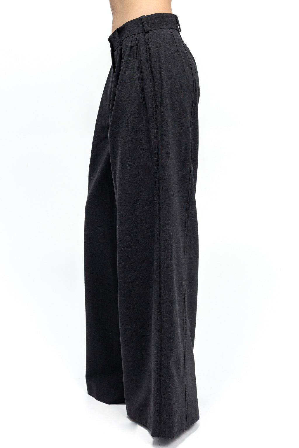 Pantaloni Gri Inchis cu Pense Frontale Wide-Leg
