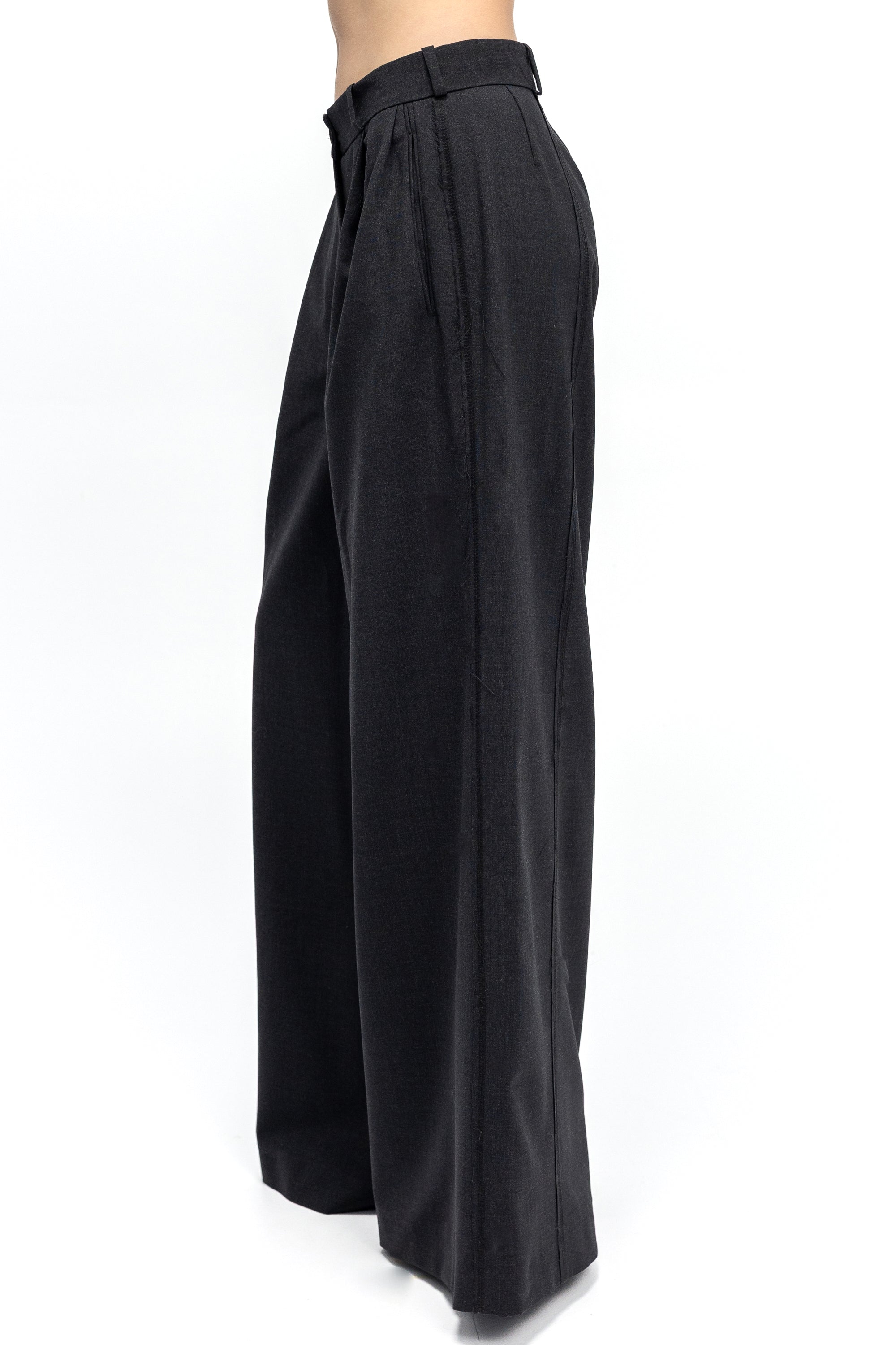 Pantaloni Gri Inchis cu Pense Frontale Wide-Leg