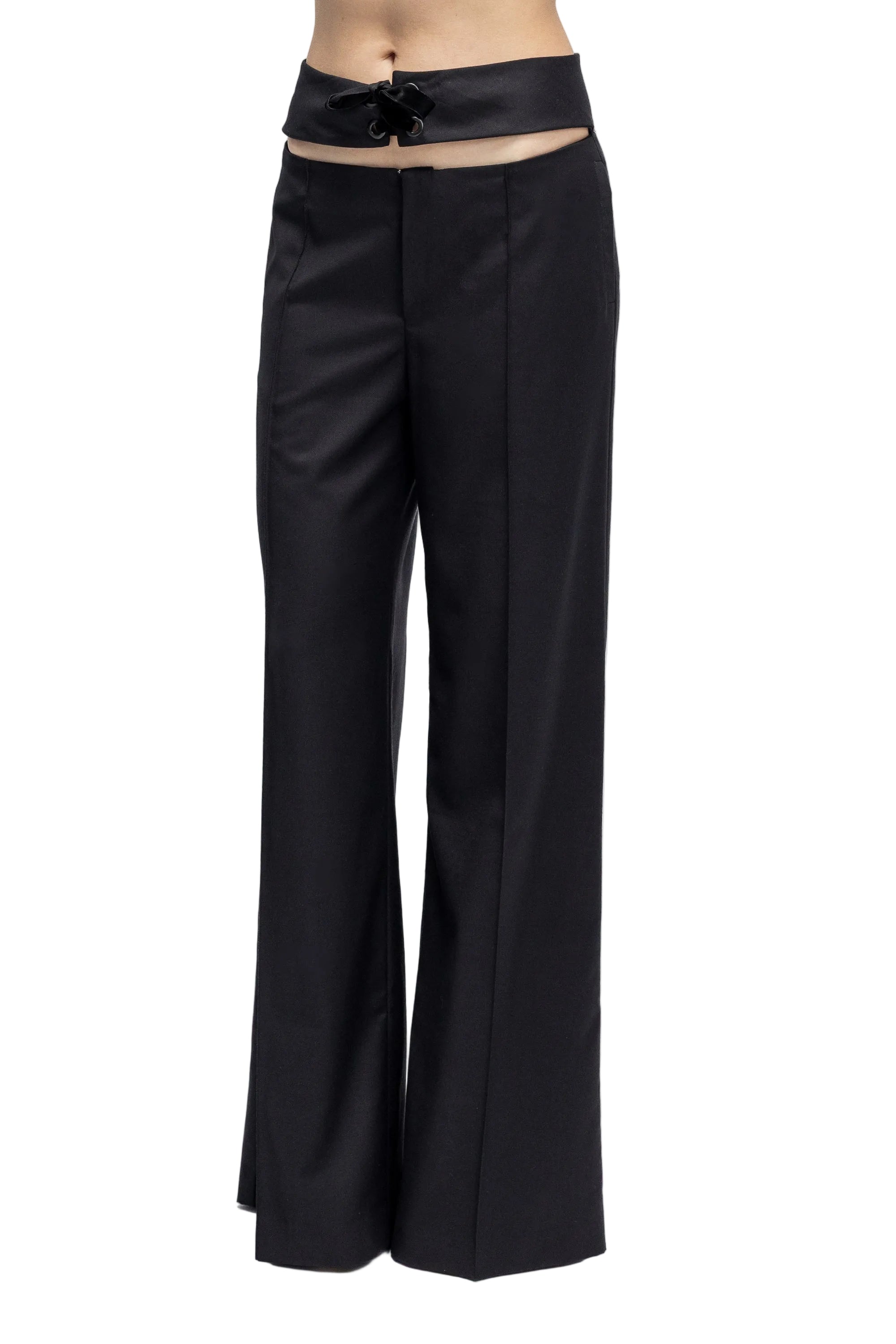 Pantaloni Negri cu Talie Inalta Decupata si Fundita