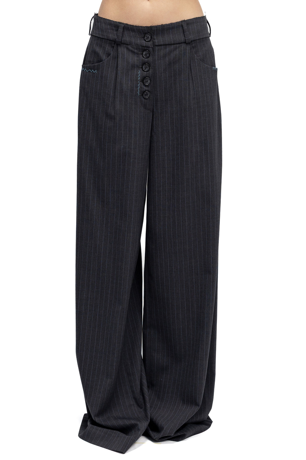 Pantaloni Gri Inchis Wide-Leg Cu Nasturi Frontali