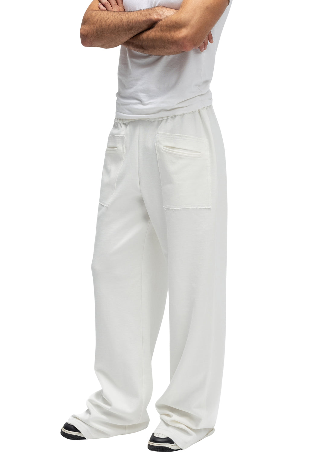 Pantaloni Albi Largi cu Buzunare Externe