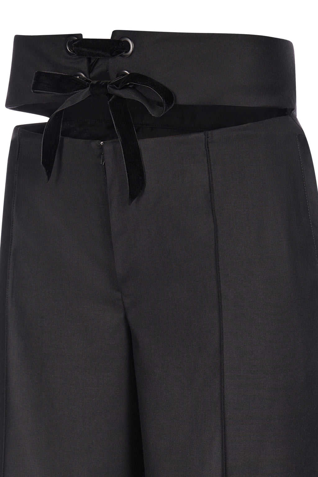 Pantaloni Negri cu Talie Inalta Decupata si Fundita