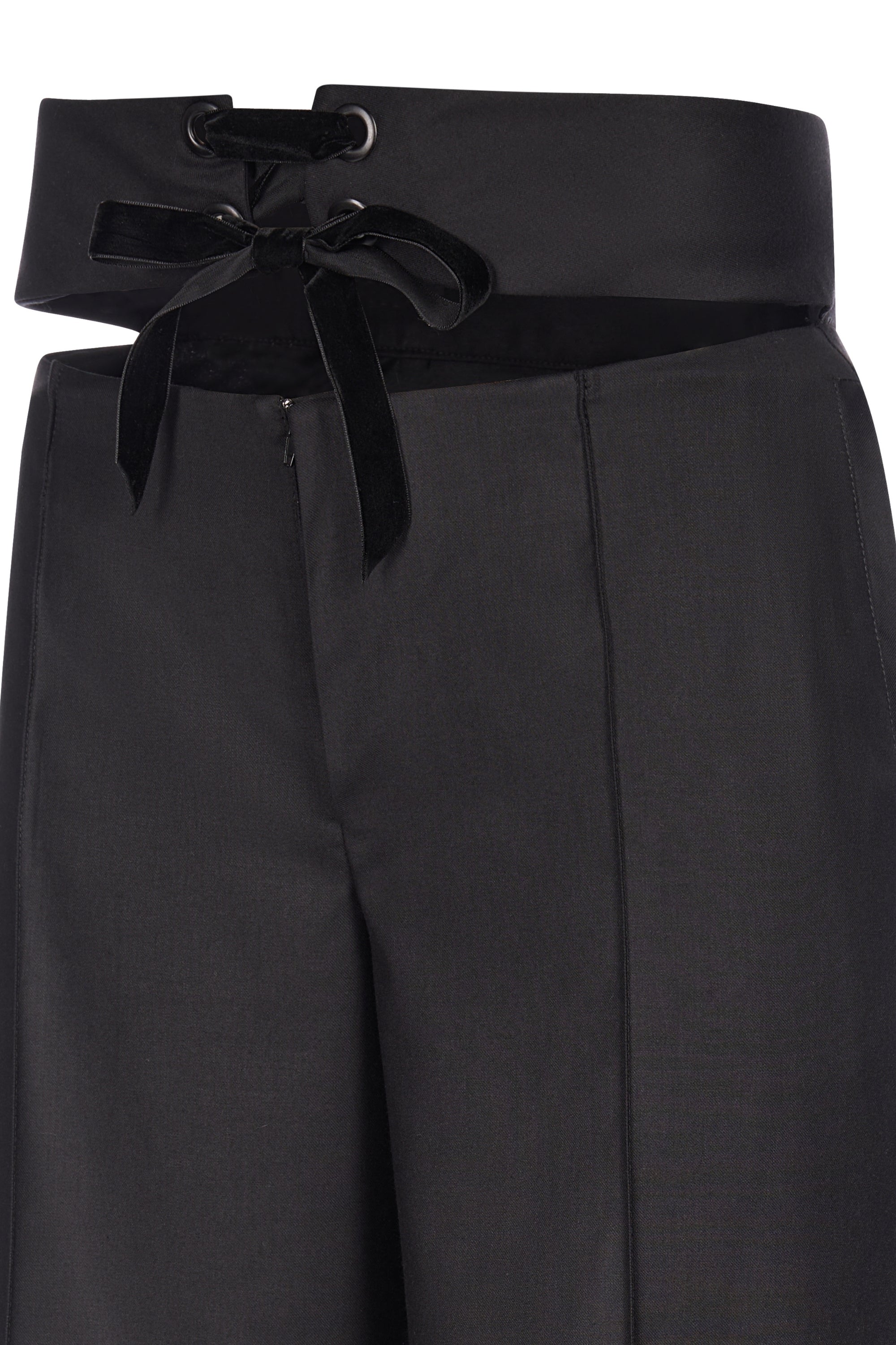 Pantaloni Negri cu Talie Inalta Decupata si Fundita