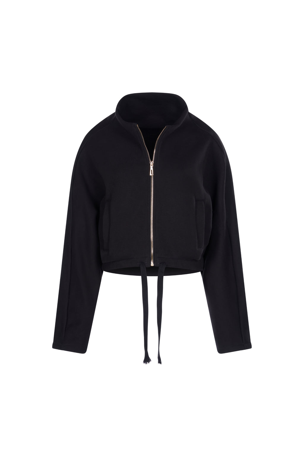 Jacheta Neagra Crop cu Guler Inalt si Fermoar Frontal