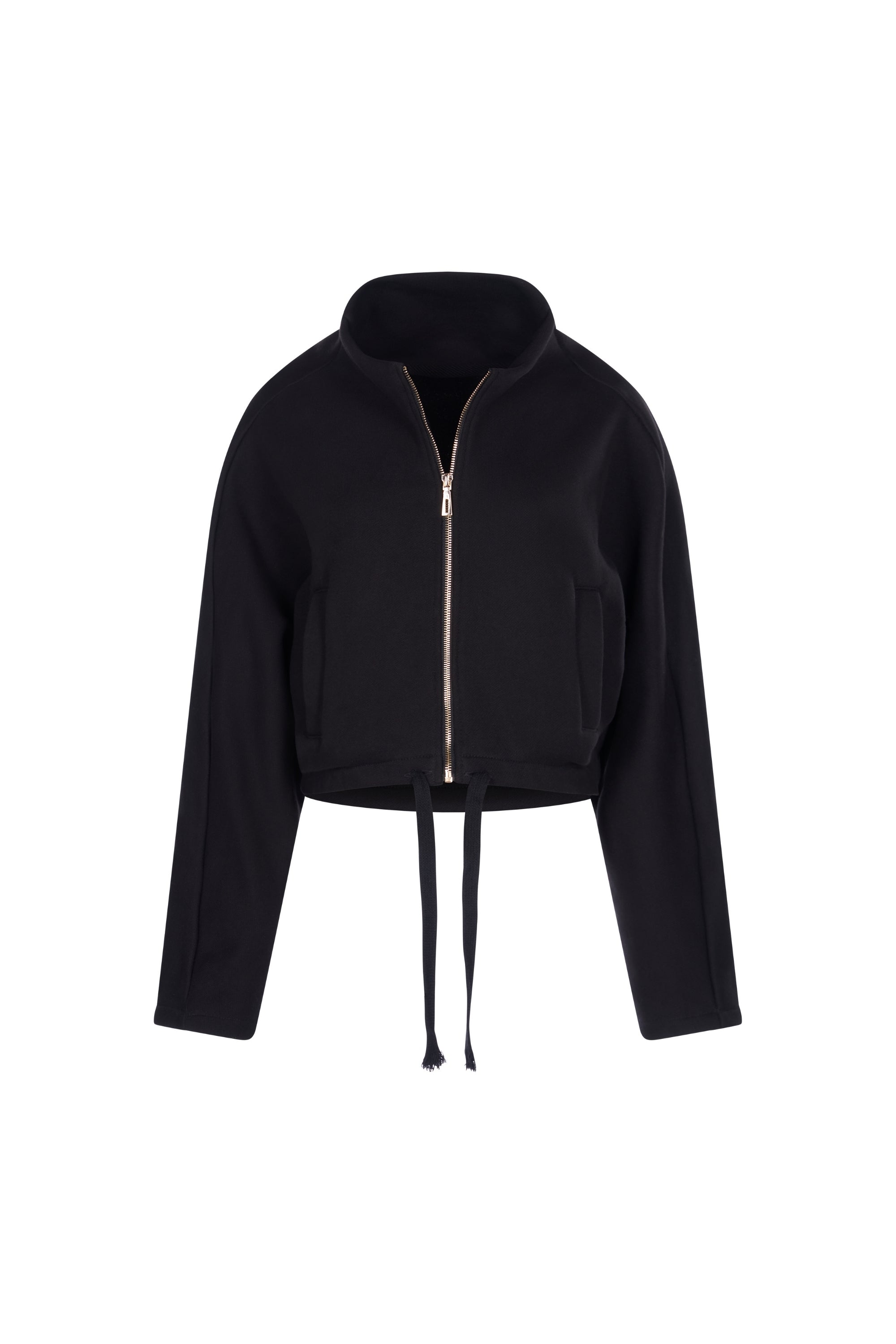 Jacheta Neagra Crop cu Guler Inalt si Fermoar Frontal