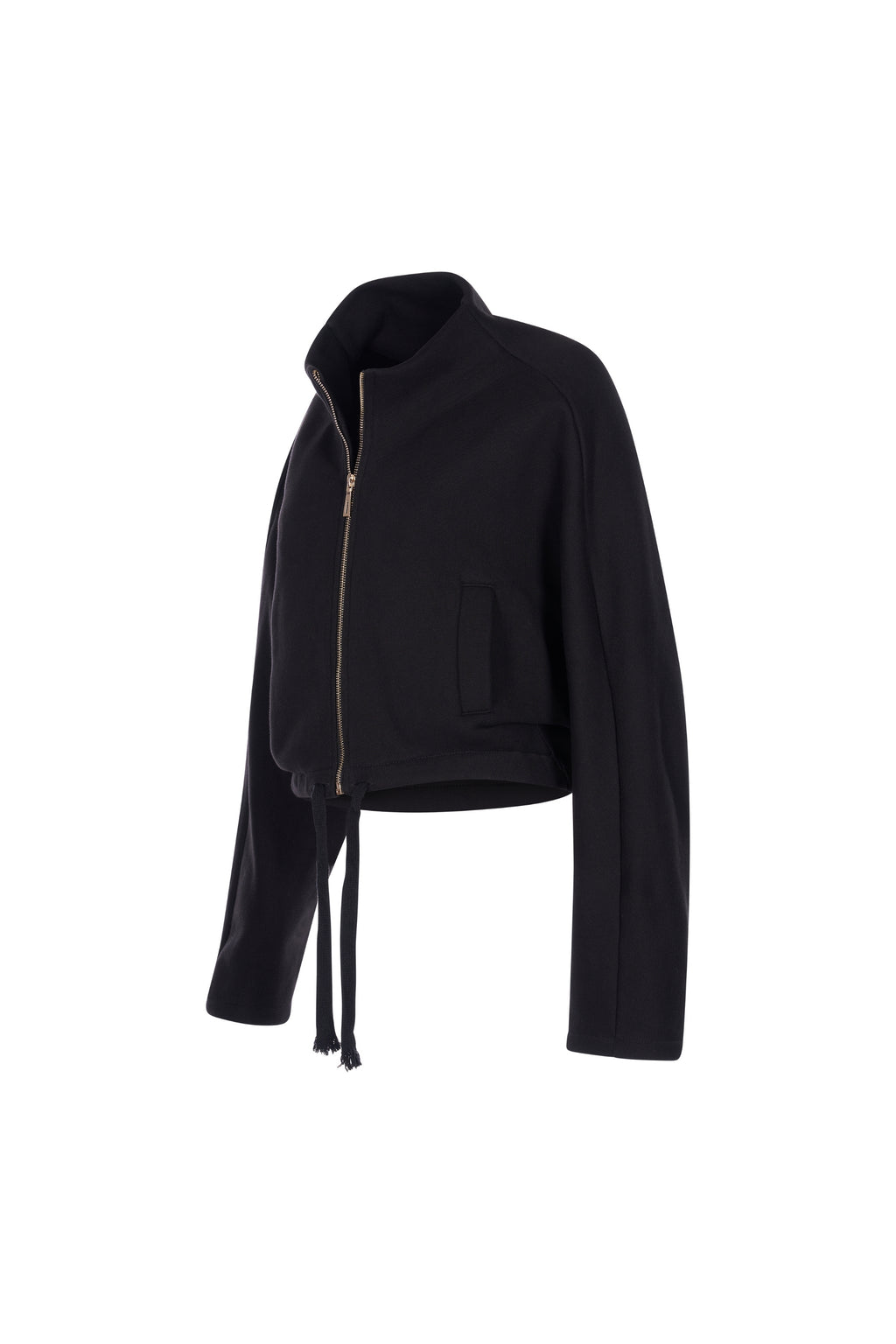 Jacheta Neagra Crop cu Guler Inalt si Fermoar Frontal