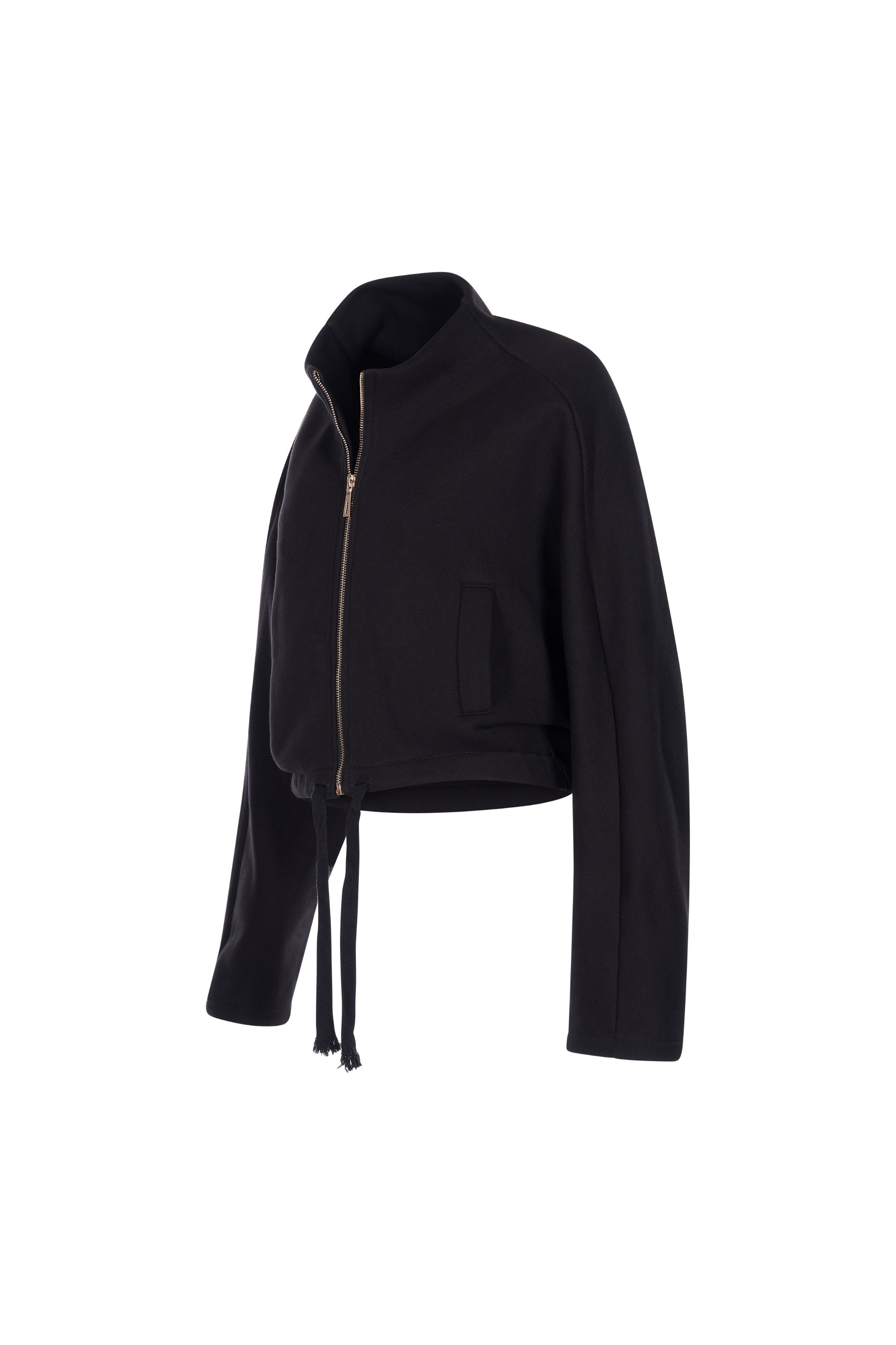 Jacheta Neagra Crop cu Guler Inalt si Fermoar Frontal