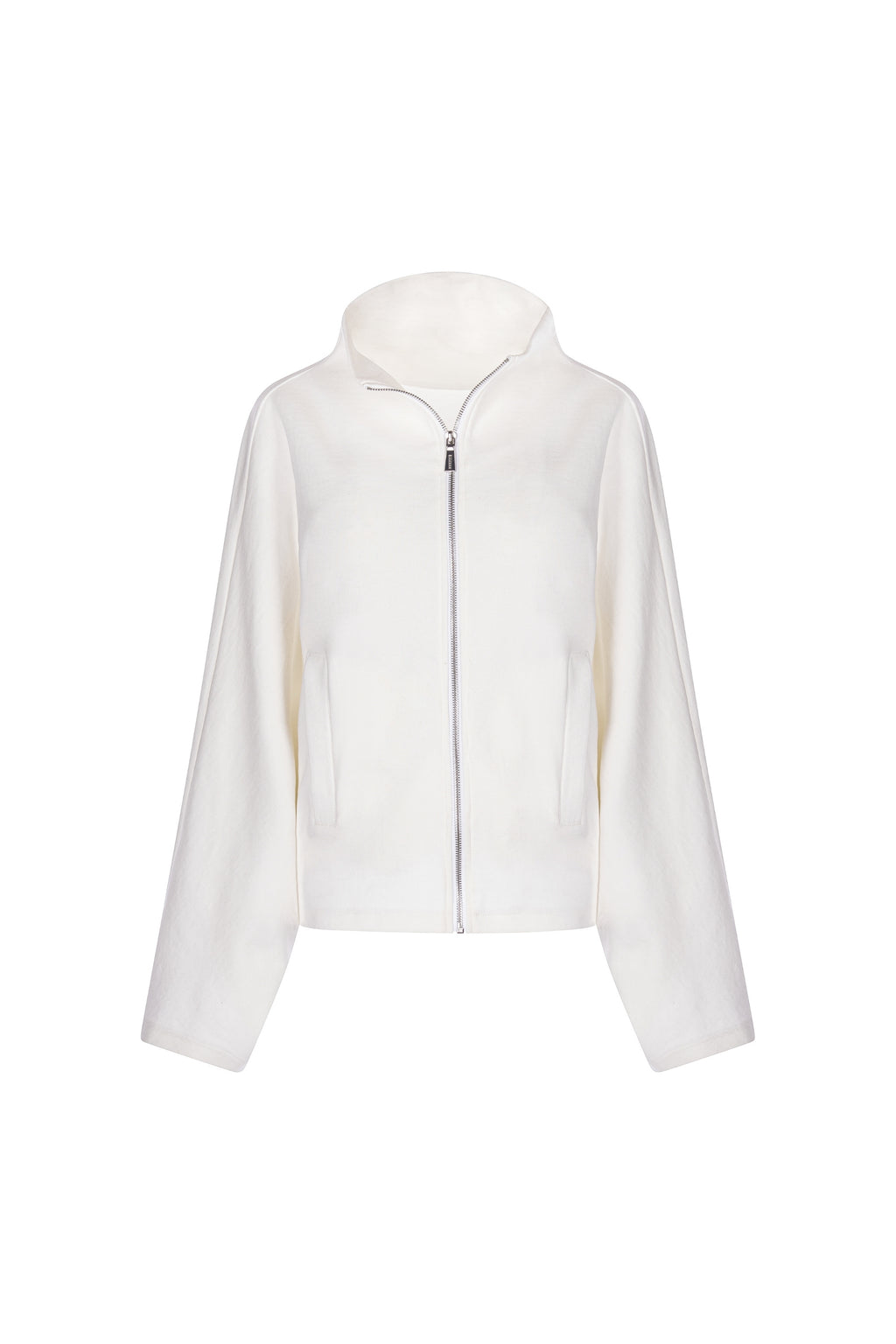 Jacheta Alba cu Guler Inalt si Fermoar Frontal
