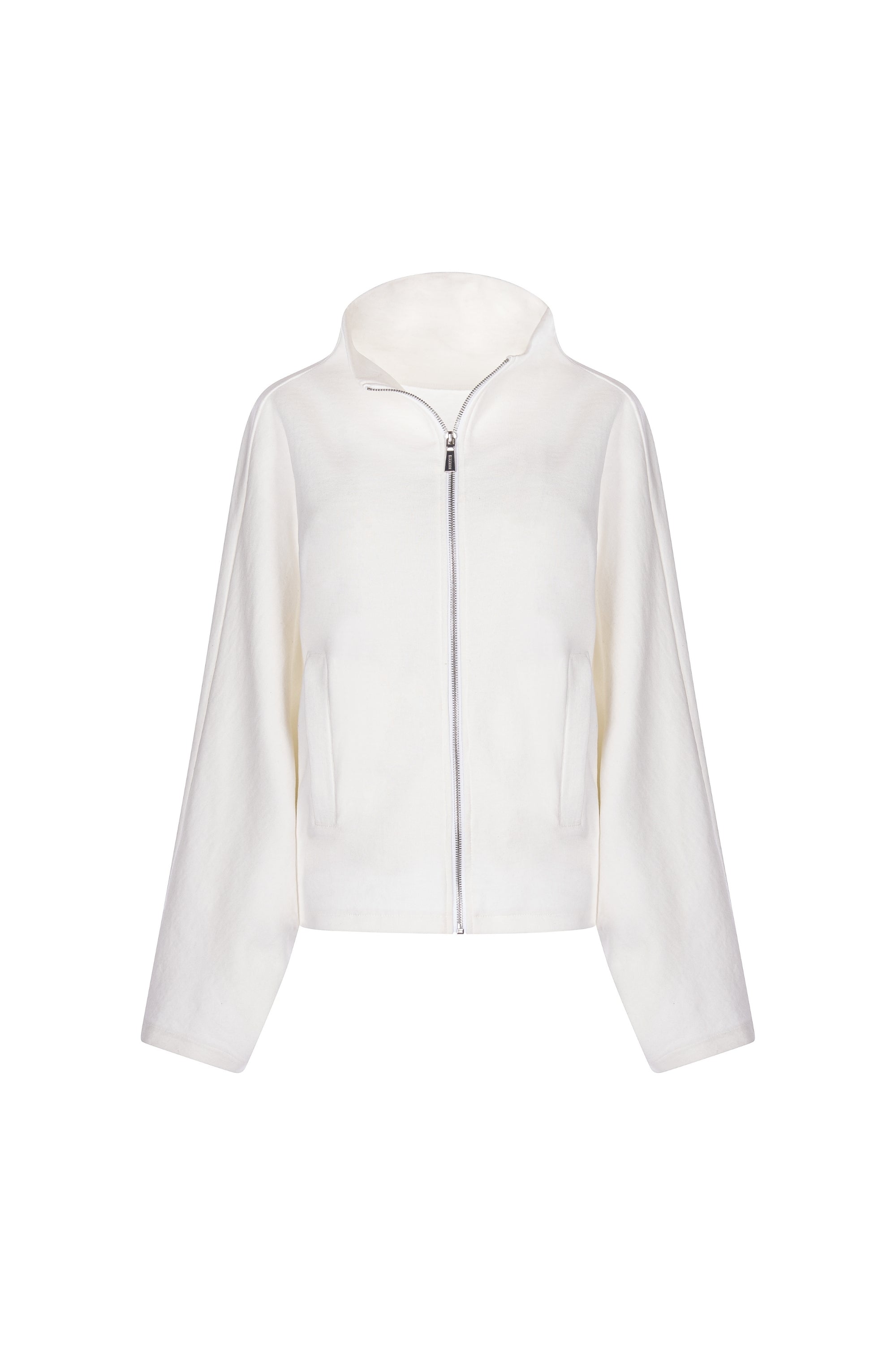 Jacheta Alba cu Guler Inalt si Fermoar Frontal