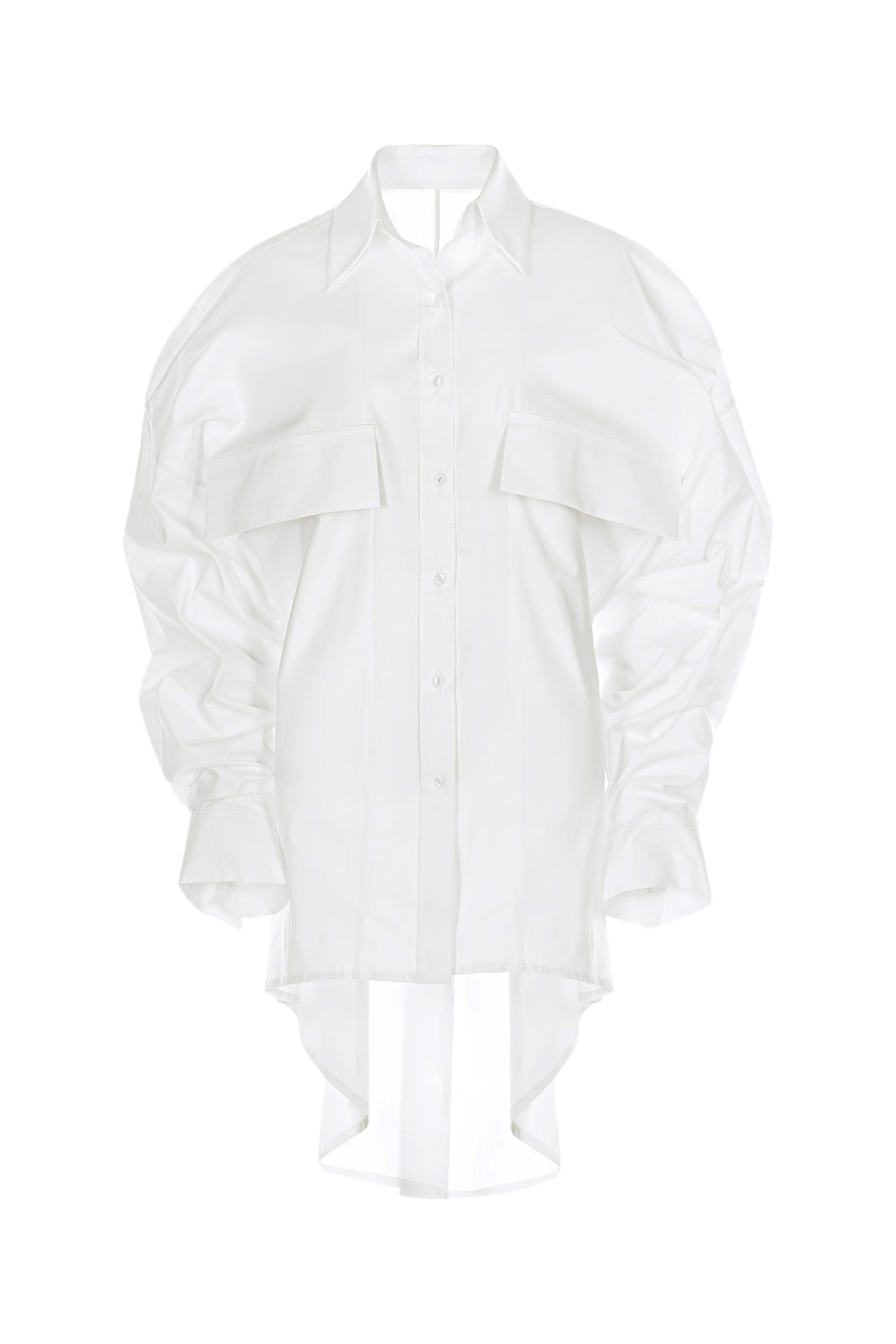 Camasa Alba Oversized Cu Spate Prelungit Si Buzunare Aplicate