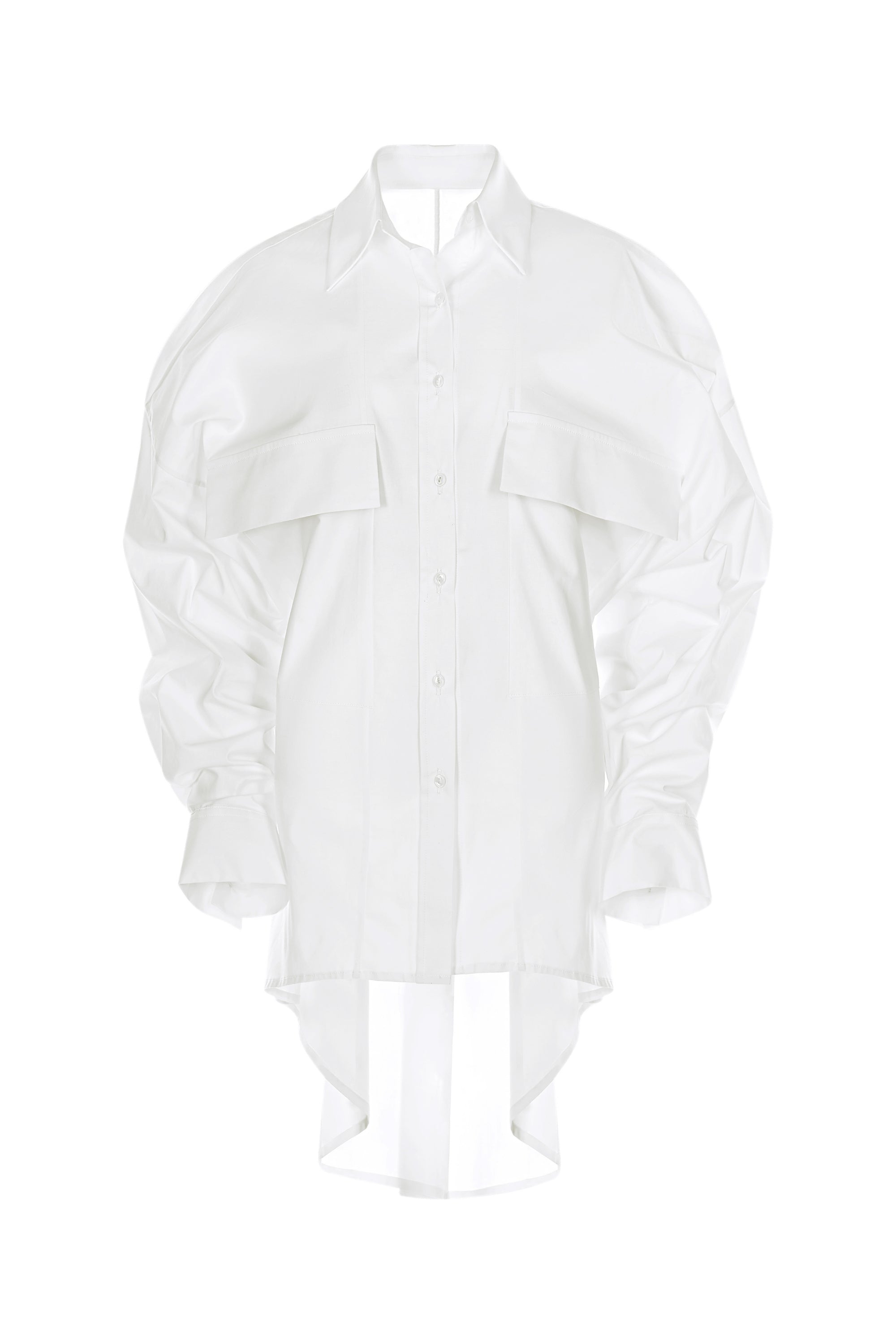 Camasa Alba Oversized Cu Spate Prelungit Si Buzunare Aplicate