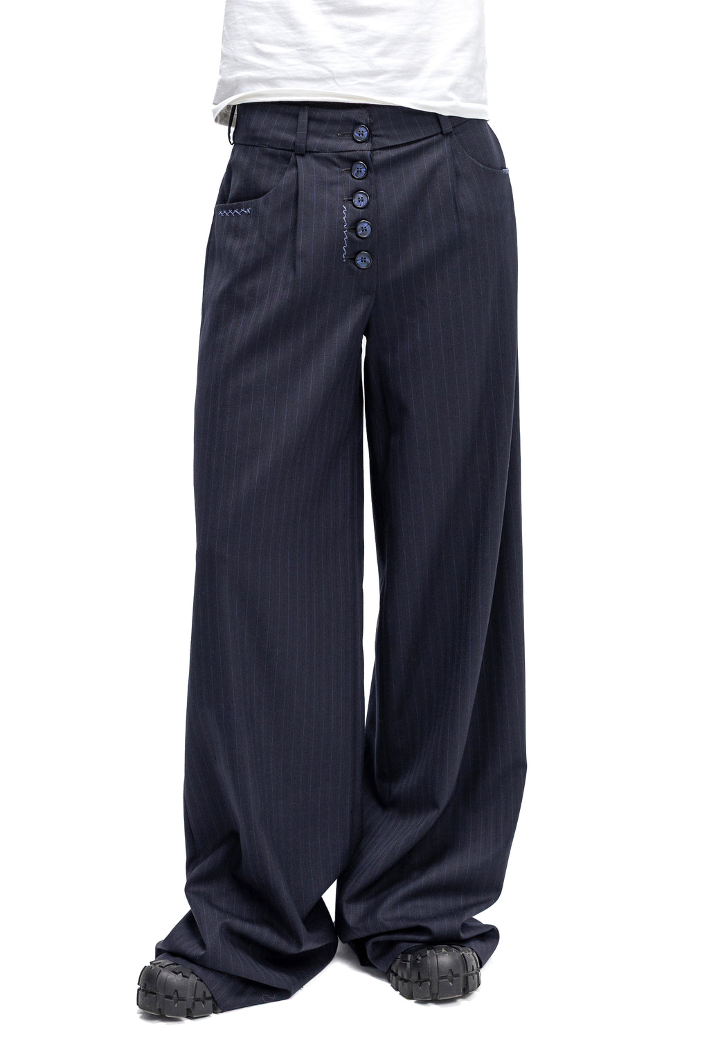 Pantaloni Bleumarin Wide-Leg Cu Nasturi Frontali