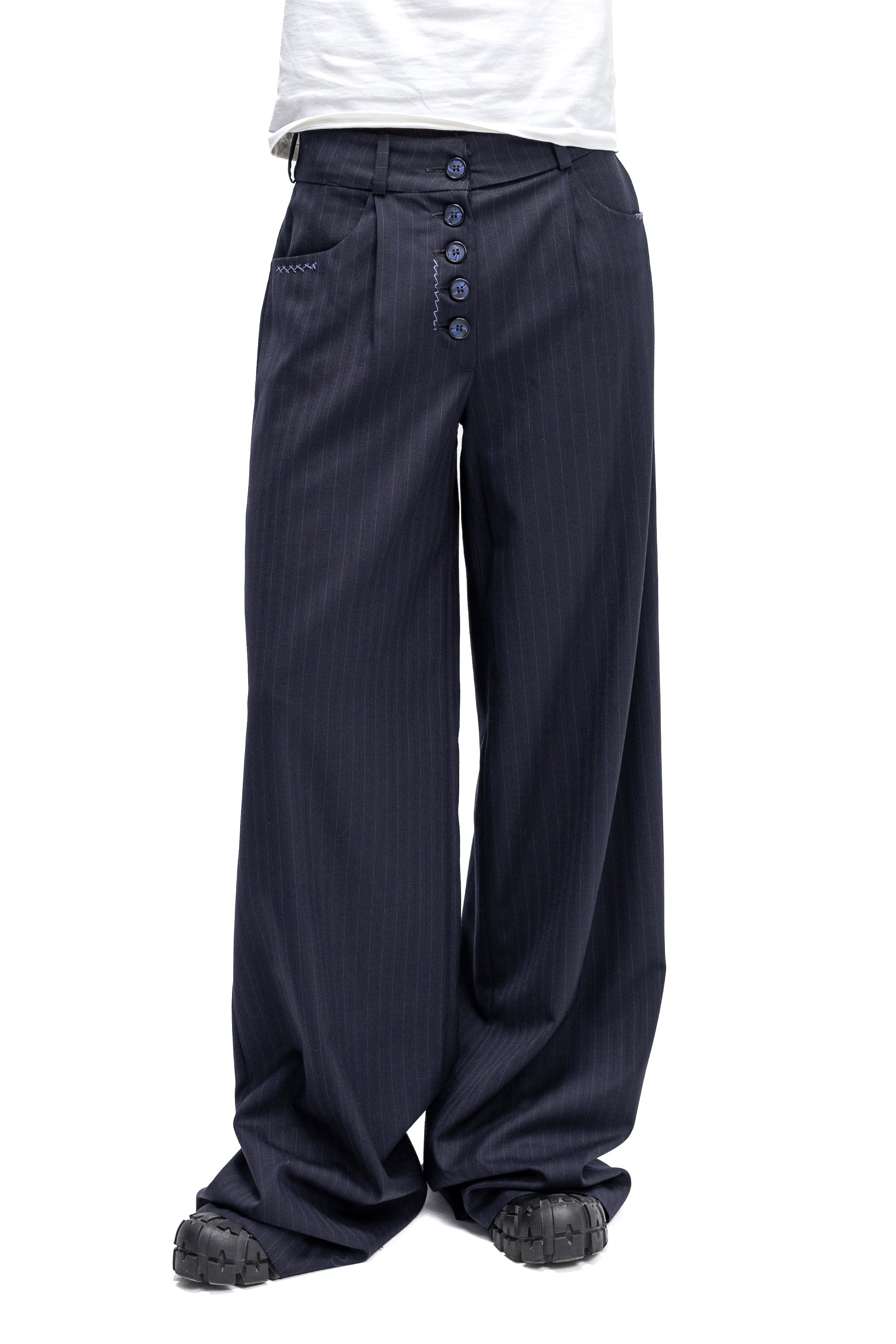 Pantaloni Bleumarin Wide-Leg Cu Nasturi Frontali