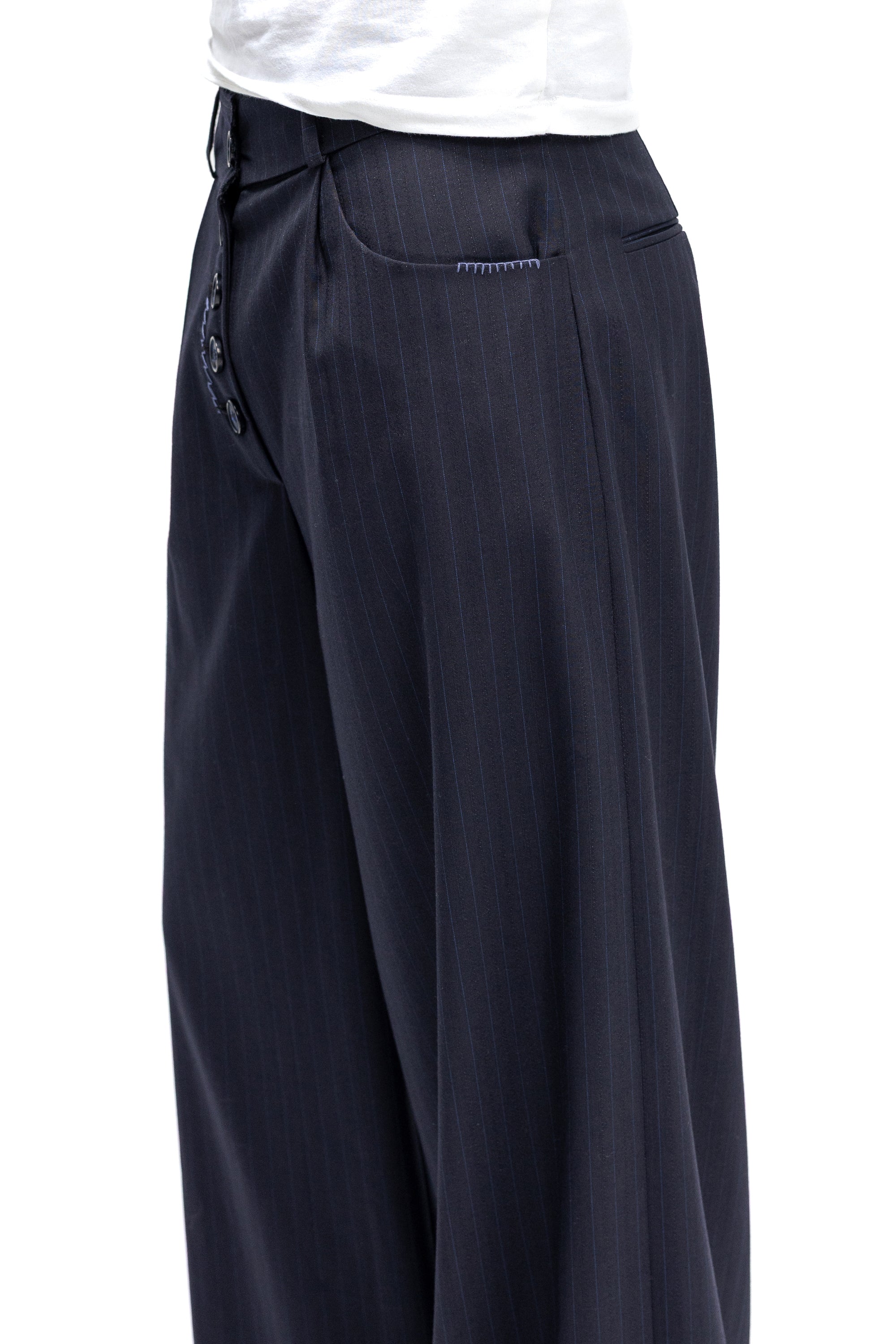 Pantaloni Bleumarin Wide-Leg Cu Nasturi Frontali