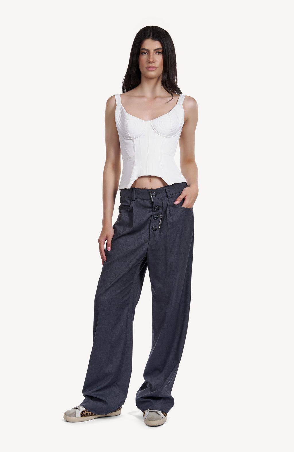 Pantaloni Baggy Gri Antracit cu Talie Joasa