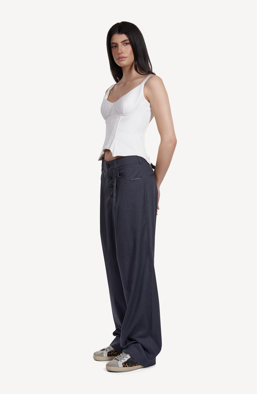 Pantaloni Baggy Gri Antracit cu Talie Joasa