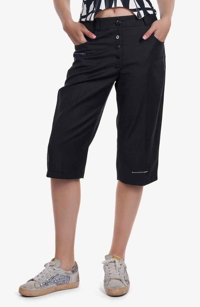 Pantaloni Midi Tailoring cu Nasturi Decorativi Negri