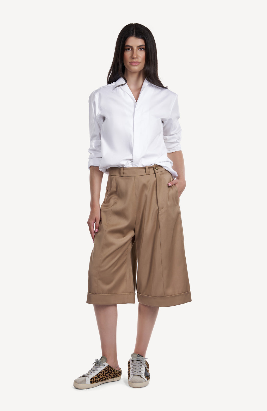 Pantaloni Midi Wide-Leg Camel