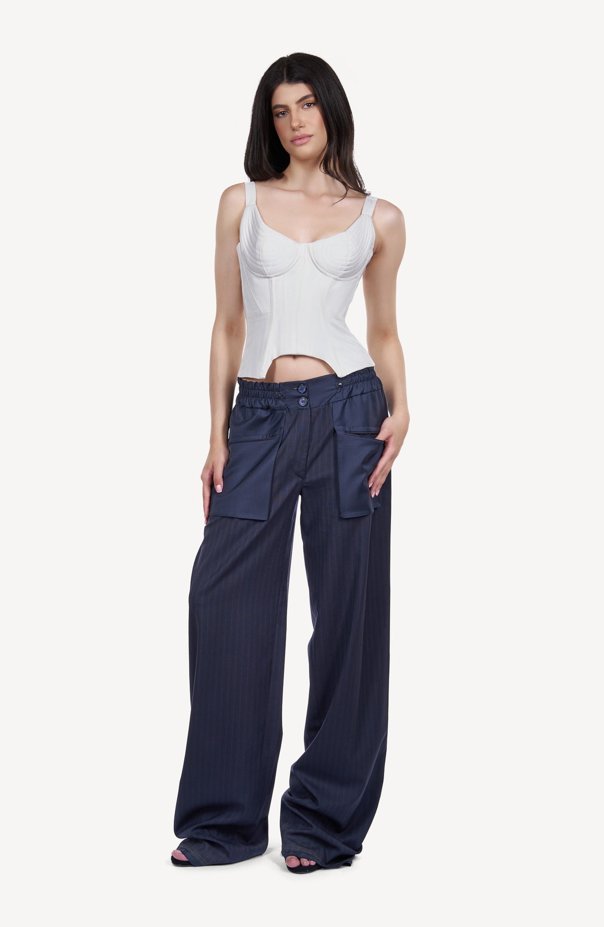 Pantaloni Palazzo Bleumarin cu Buzunare Aplicate