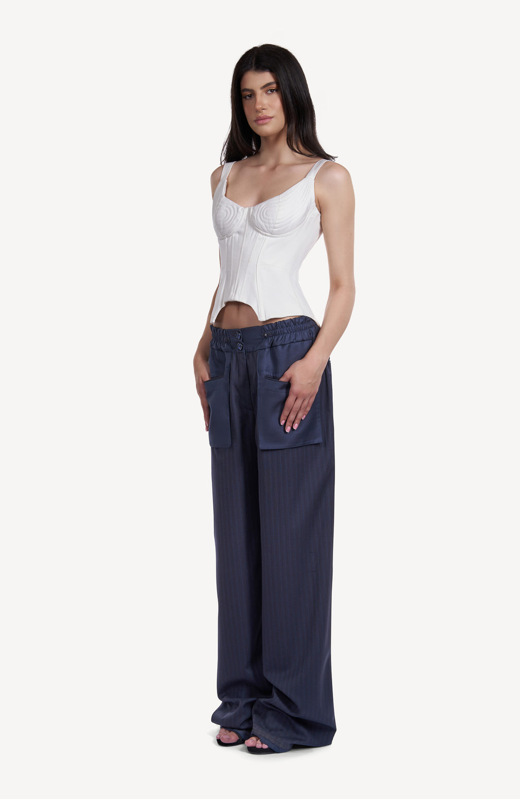 Pantaloni Palazzo Bleumarin cu Buzunare Aplicate