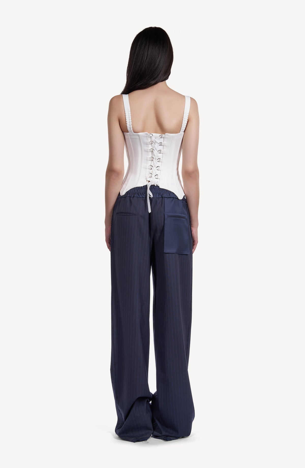 Pantaloni Palazzo Bleumarin cu Buzunare Aplicate