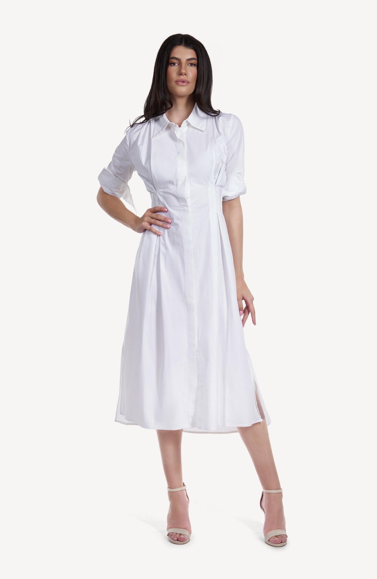 Rochie-Camasa Midi Alba cu Pliuri