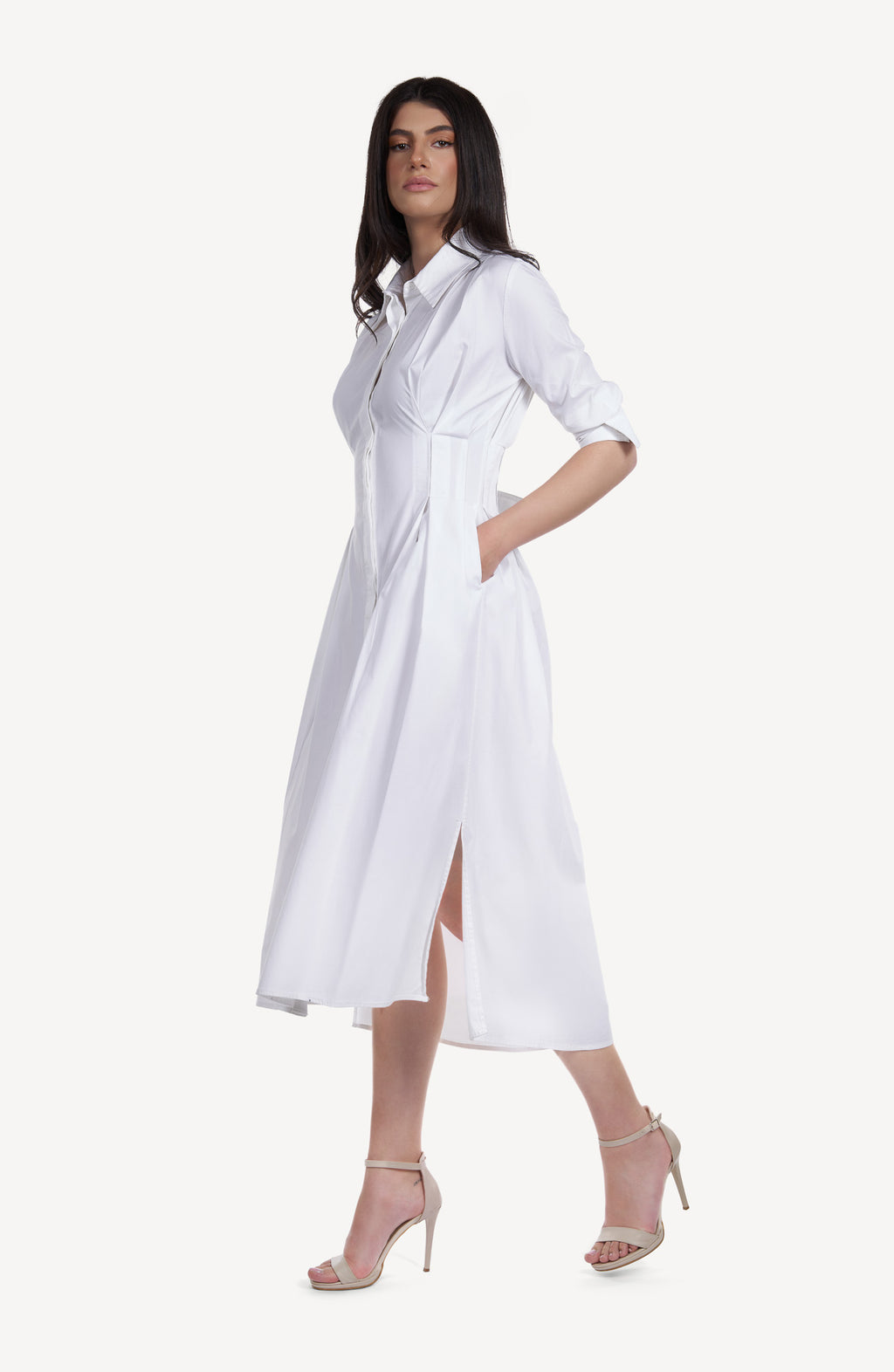 Rochie-Camasa Midi Alba cu Pliuri
