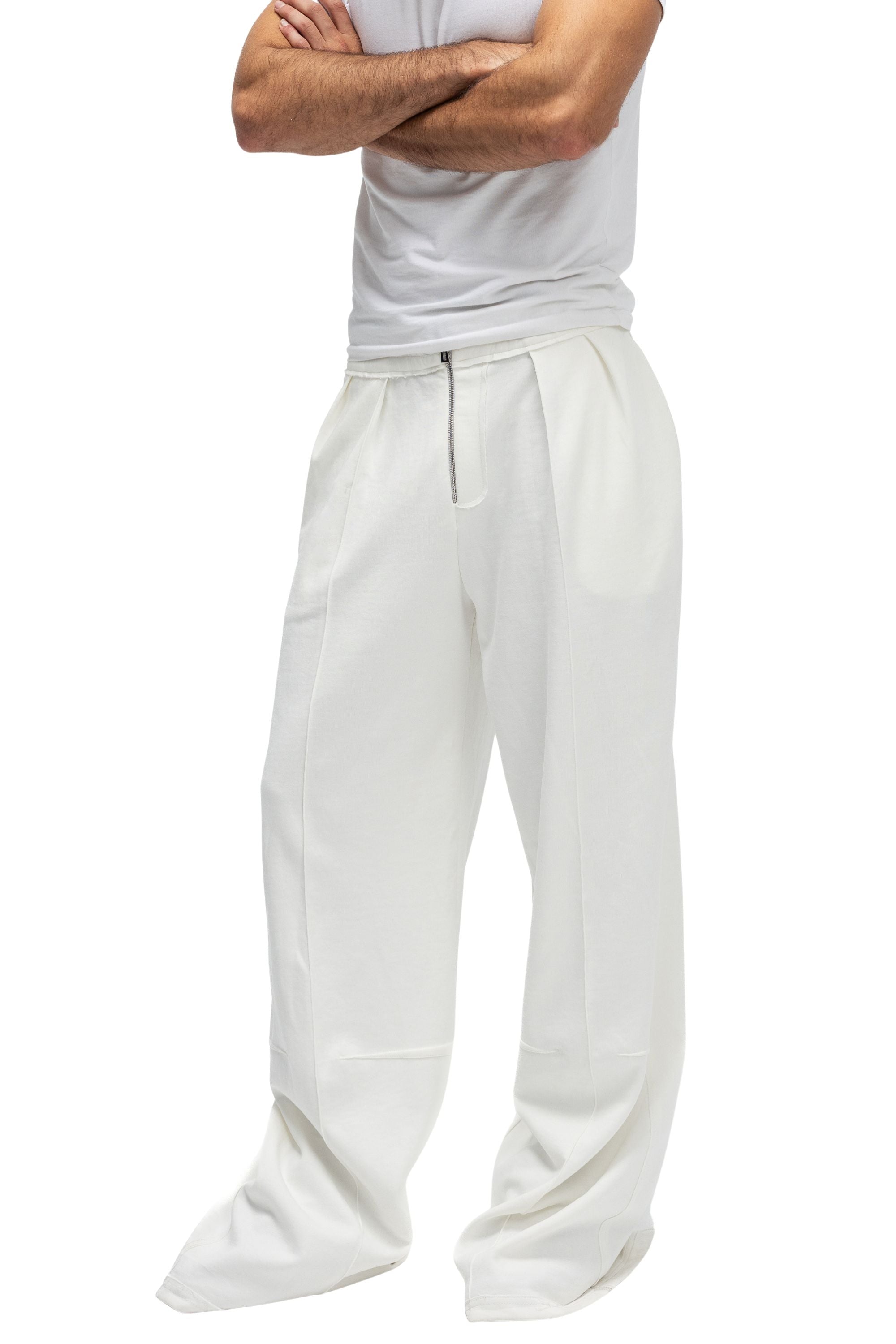 Pantaloni Wide-Leg Albi Cu Fermoar Metalic