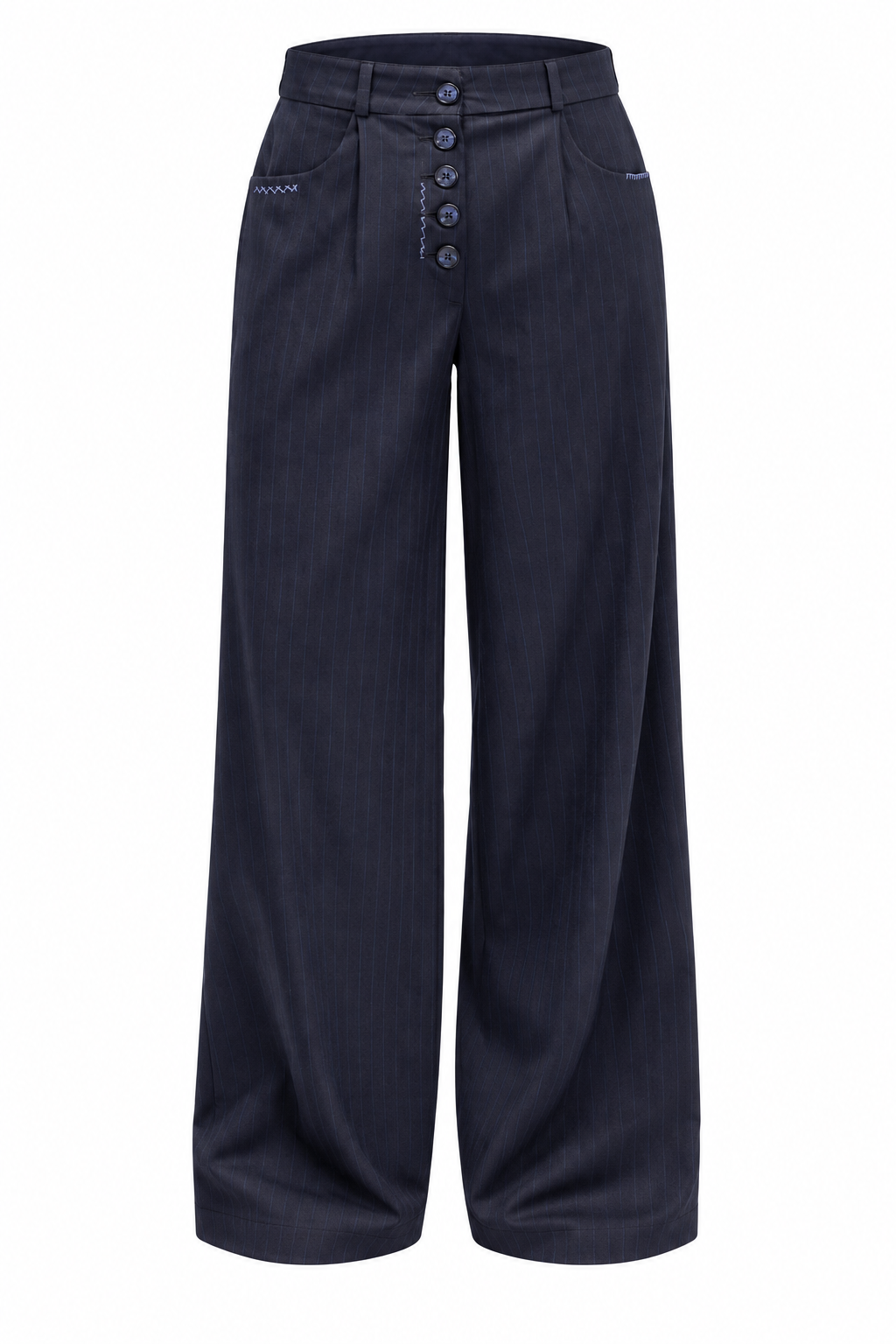 Pantaloni Bleumarin Wide-Leg cu Nasturi Frontali