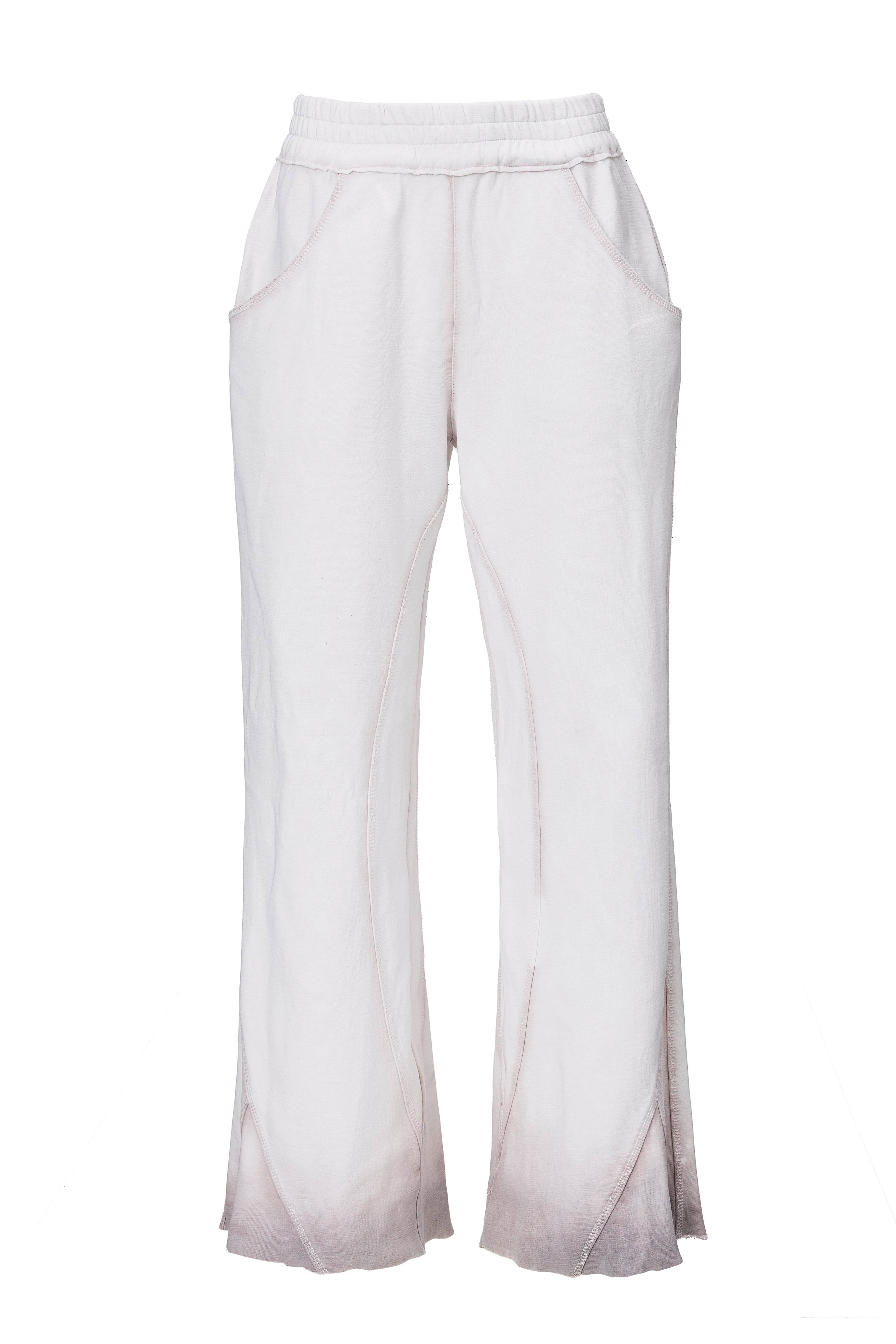 Pantaloni Albi cu Talie Elastica si Finisaj Efect Washed