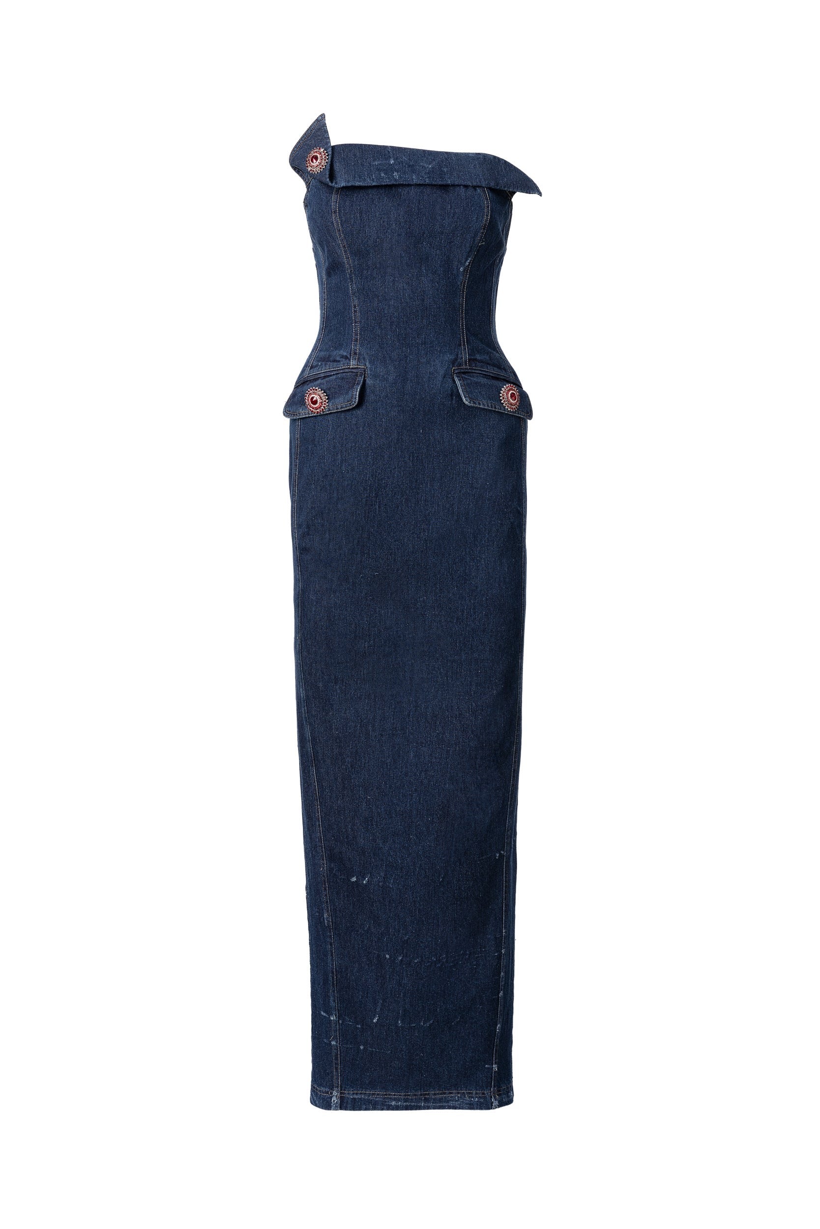 Rochie Denim Lunga Tip Creion si Decolteu Asimetric