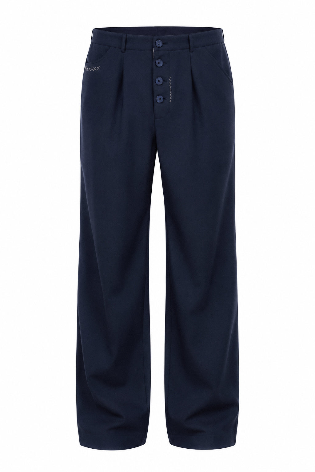 Pantaloni Wide-Leg Bleumarin cu Nasturi Aparenti