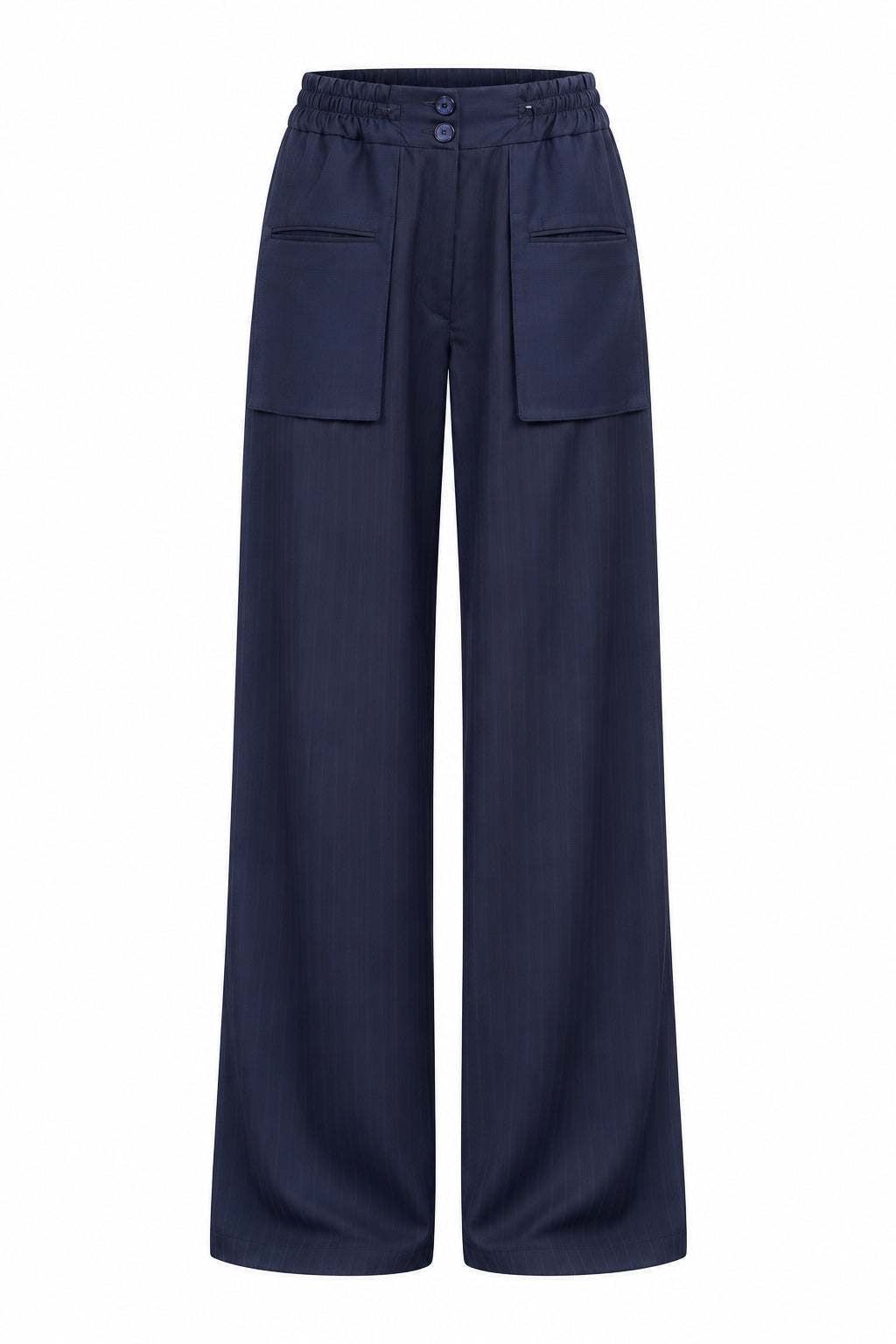 Pantaloni Palazzo Bleumarin cu Buzunare Aplicate