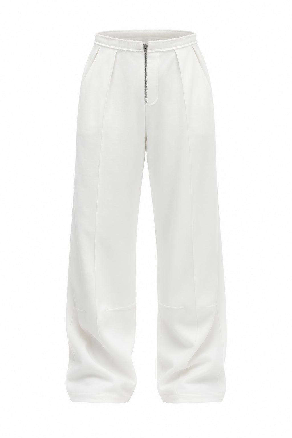 Pantaloni Wide-Leg Albi cu Fermoar Metalic
