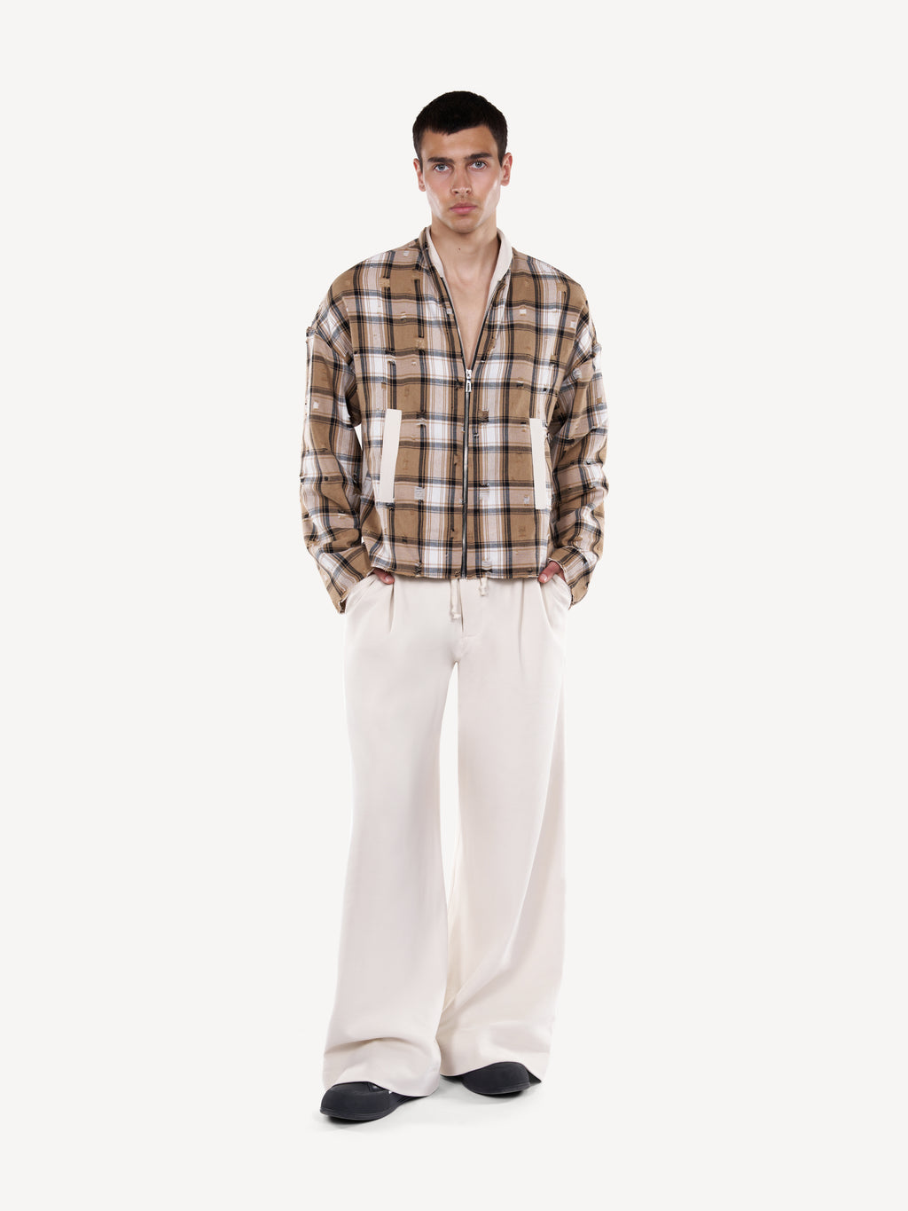 Pantaloni wide-leg ecru cu snur