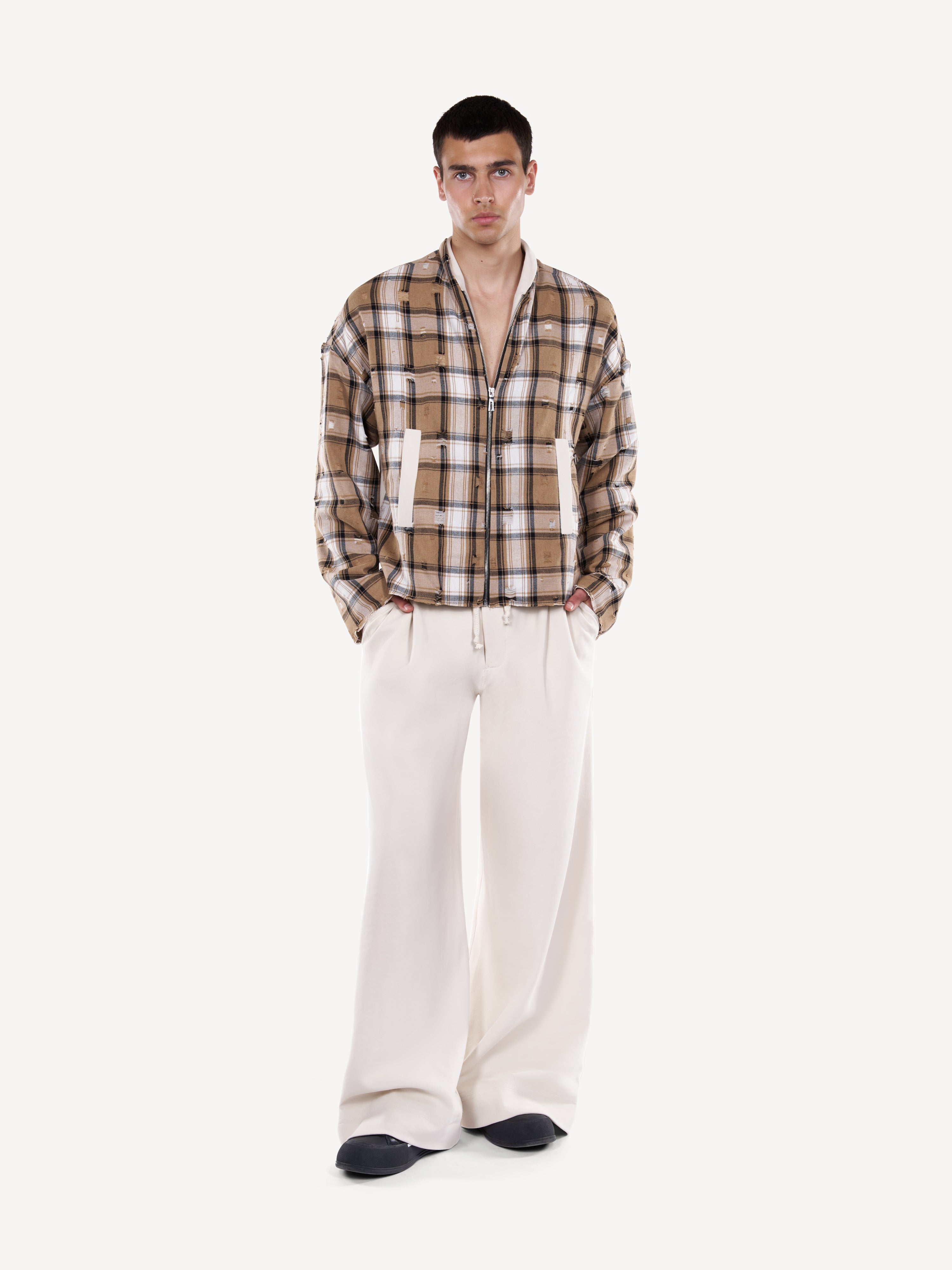 Pantaloni wide-leg ecru cu snur