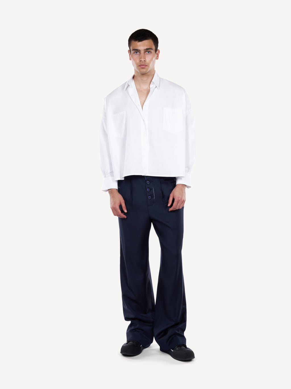 Pantaloni Wide-Leg Bleumarin cu Nasturi Aparenti