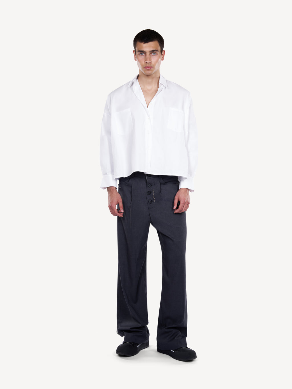 Pantaloni Wide-Leg Grafit cu Nasturi Aparenti