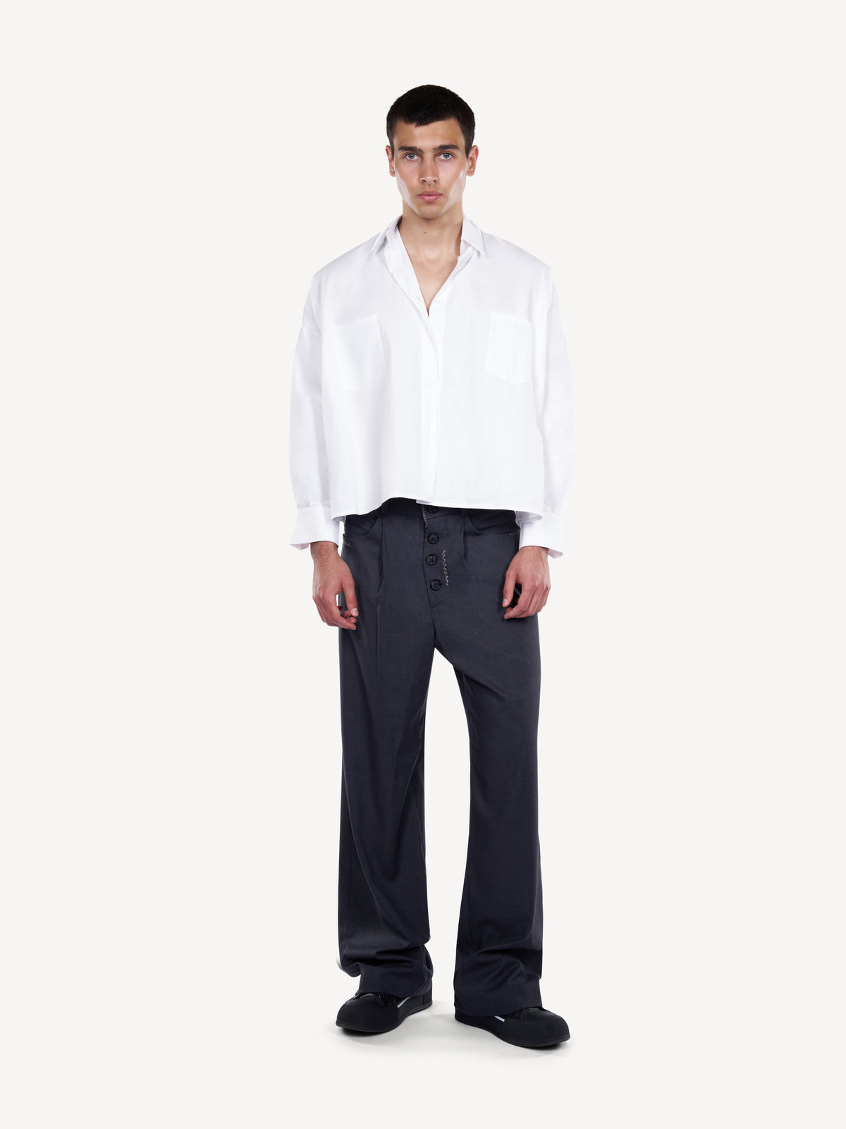 Pantaloni Wide-Leg Grafit cu Nasturi Aparenti