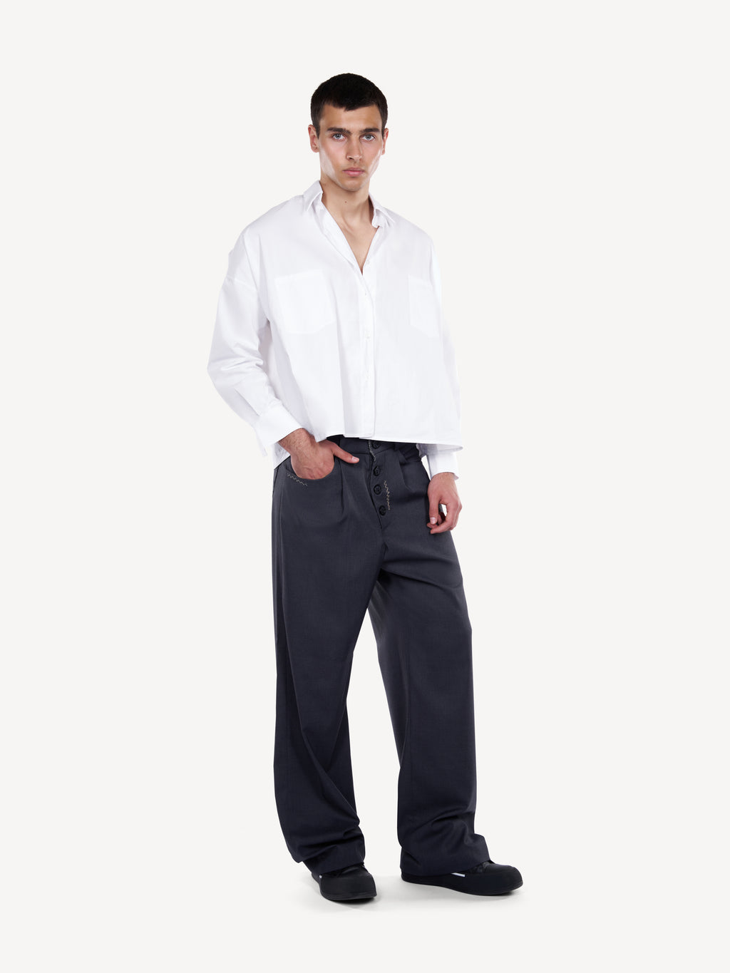 Pantaloni Wide-Leg Grafit cu Nasturi Aparenti