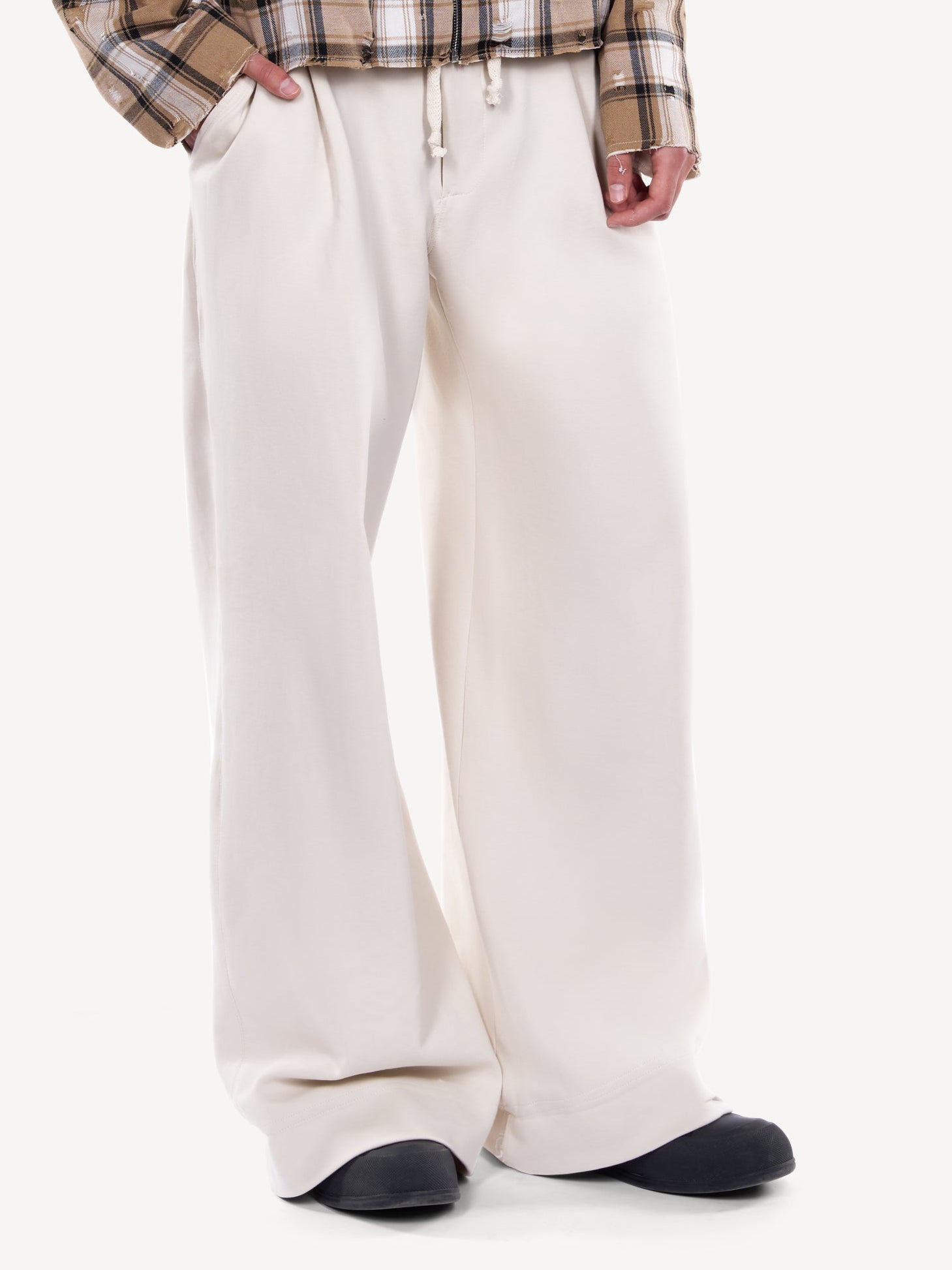 Pantaloni wide-leg ecru cu snur